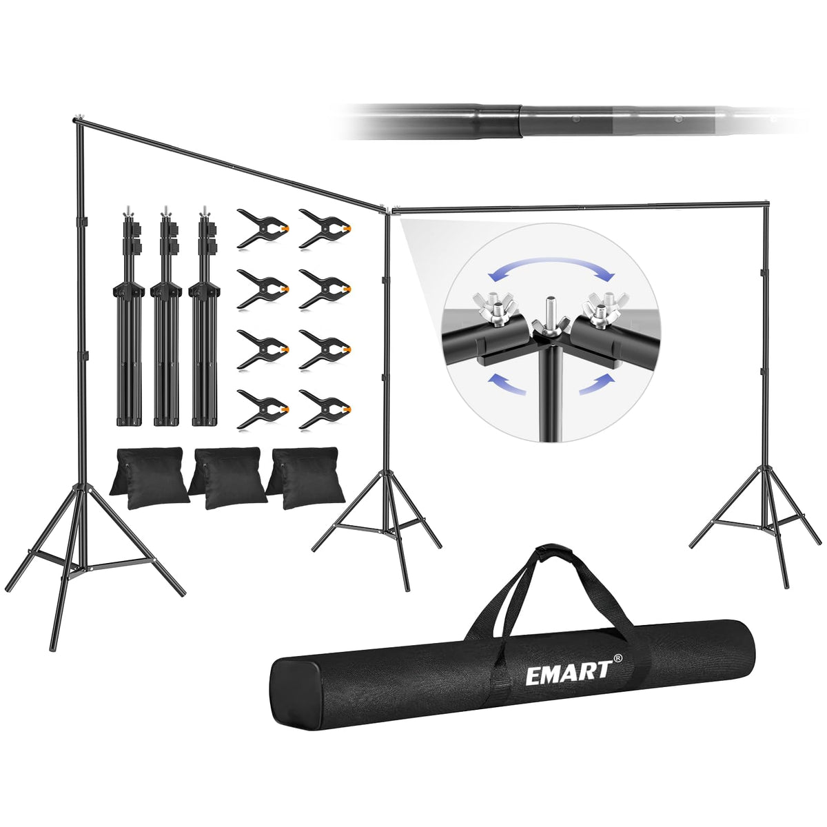 EMART Backdrop Stand, 20x7ft(WxH) Large Adjustable Background Support System with 308° Angle Rotatable Connector, 8 Clamps, 3 Sandbags and Carry Bag for Parties, Wedding, Photography Studio
