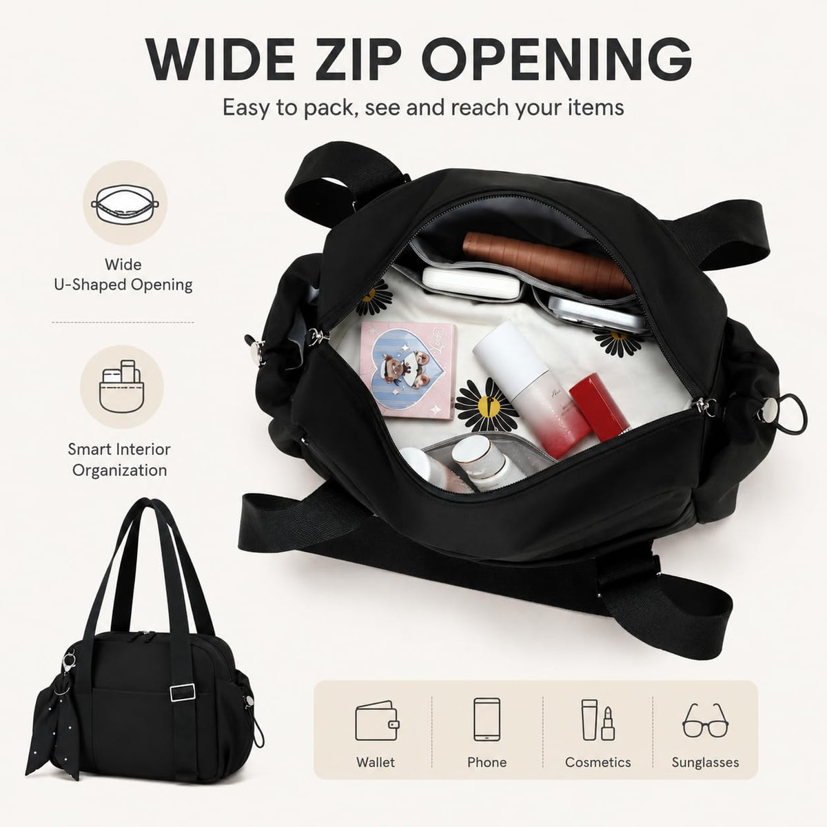 LOIDOU Small Gym Bag for Women, Mini Sports Duffel Bag with Wet Compartment, Pink Bow Pattern, Cute Workout Yoga Dance Tote (Black)