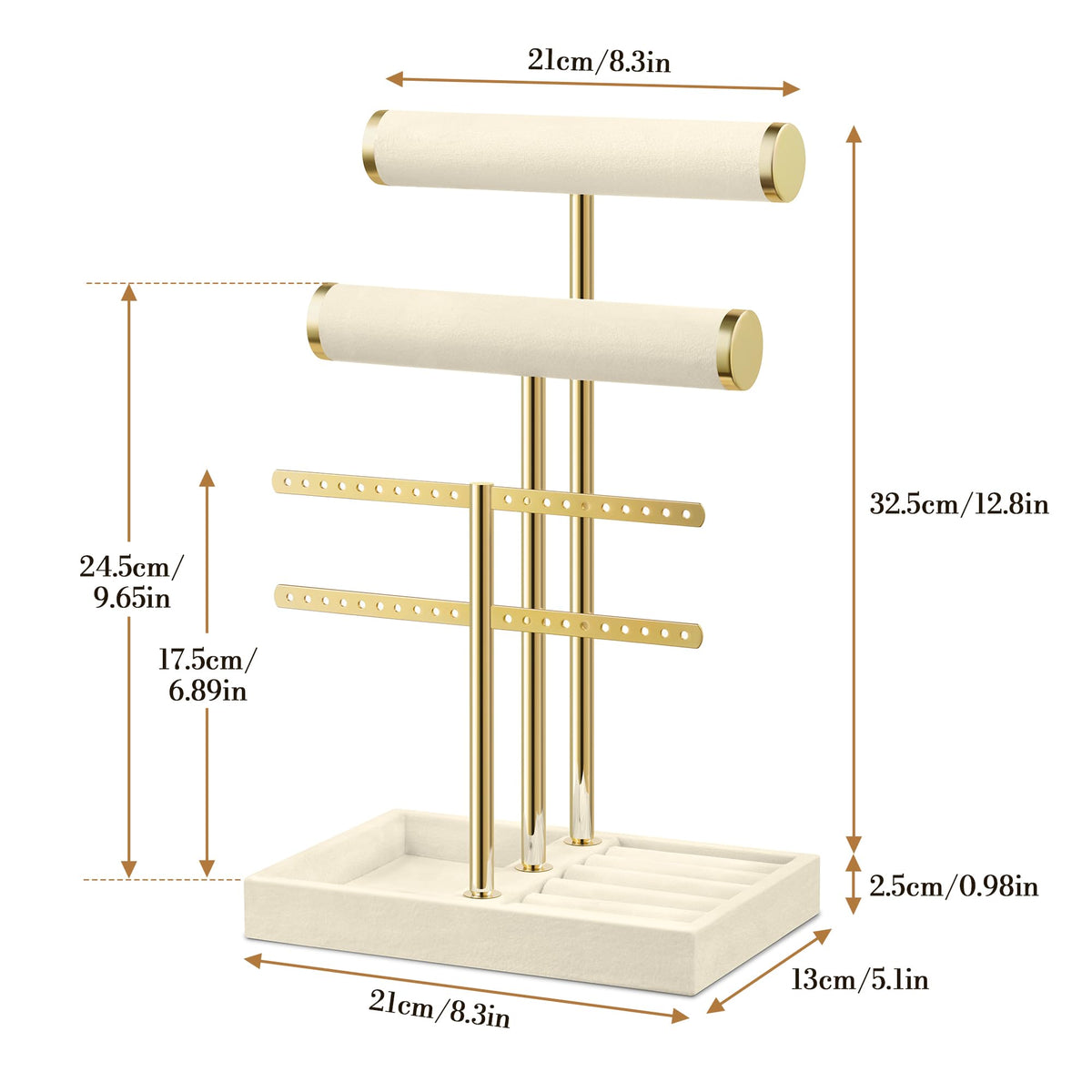 Josmimic Bracelet Holder Jewelry Organizer Display - 3 Tier T Bar Velvet Stand, Beige Jewelry Storage for Bracelet, Necklaces, Earrings, Rings, Watches