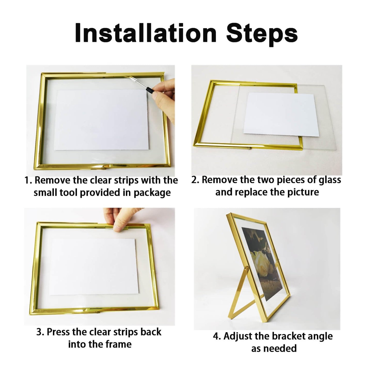 CROXXID 5x7 Floating Picture Frames Set of 2, Made of Metal and Double Real Glass, for Photo Size up to 7x9, Tabletop Display Home or Wedding Decoration (Horizontal Gold)