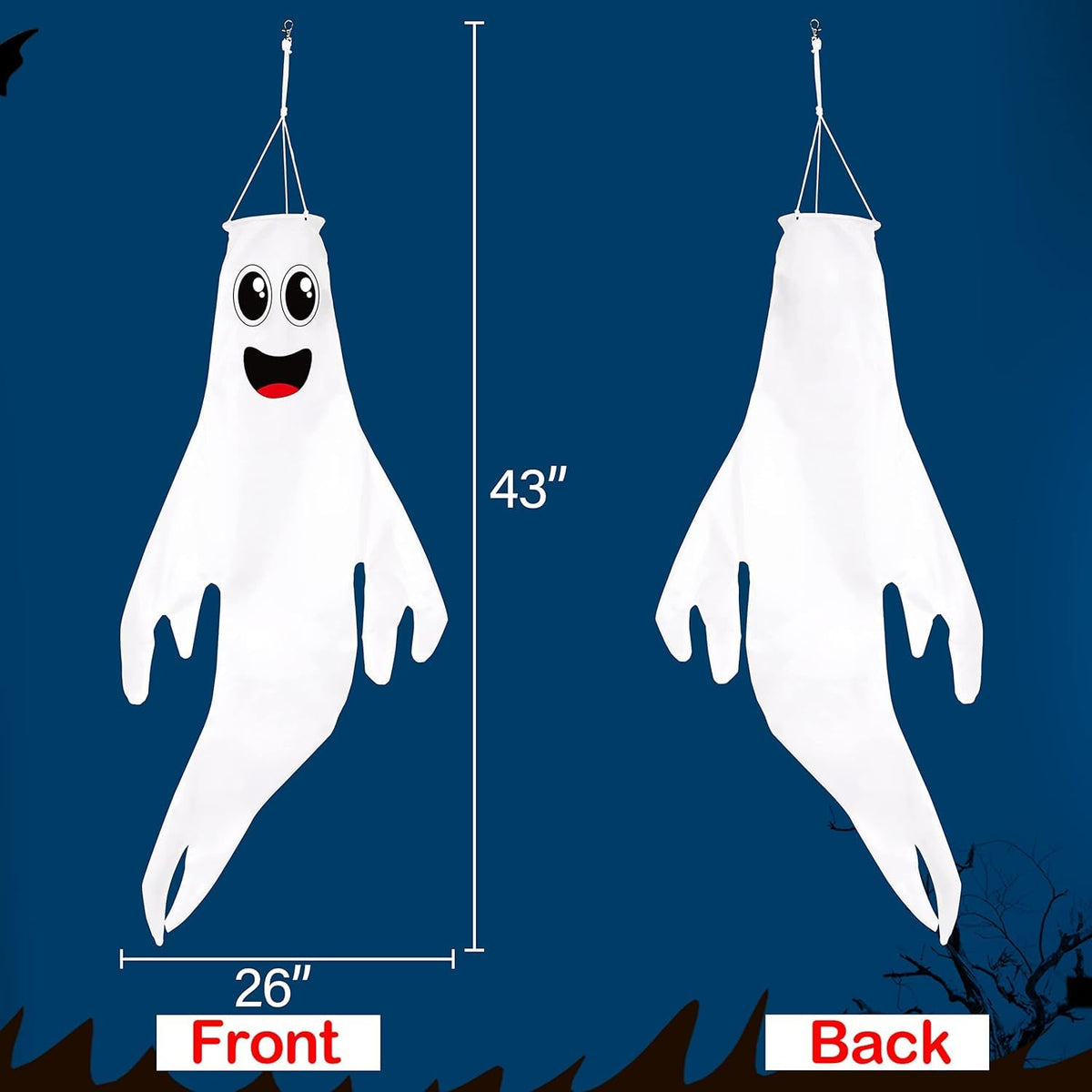 Geefuun 4PCS Warm Light Halloween Cute Ghost Windsocks Hanging Decorations - 43 Inch Flag Wind Socks for Home Yard Outdoor Decor Party Supplies (Batteries Not Included,No Timer)