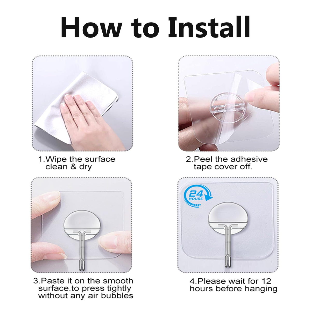 JINSHUNFA Adhesive Wall Hooks 13LB Heavy Duty No Drill Transparent Waterproof Hooks for Bathroom Kitchen Towel Coat 12 Pack