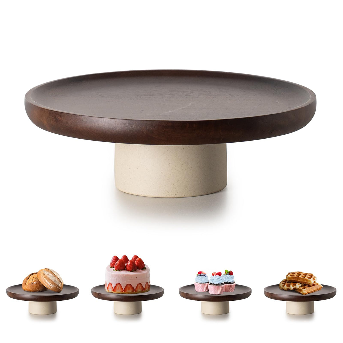 CEEFU 9 inch Rustic Acacia Wood Cake Stand - Natural Wooden Clay Wedding Cake Pedestal Serving Stand for Cupcake Dessert Bites Display in Party, Birthday, Beautiful Farmhouse Kitchen Decor