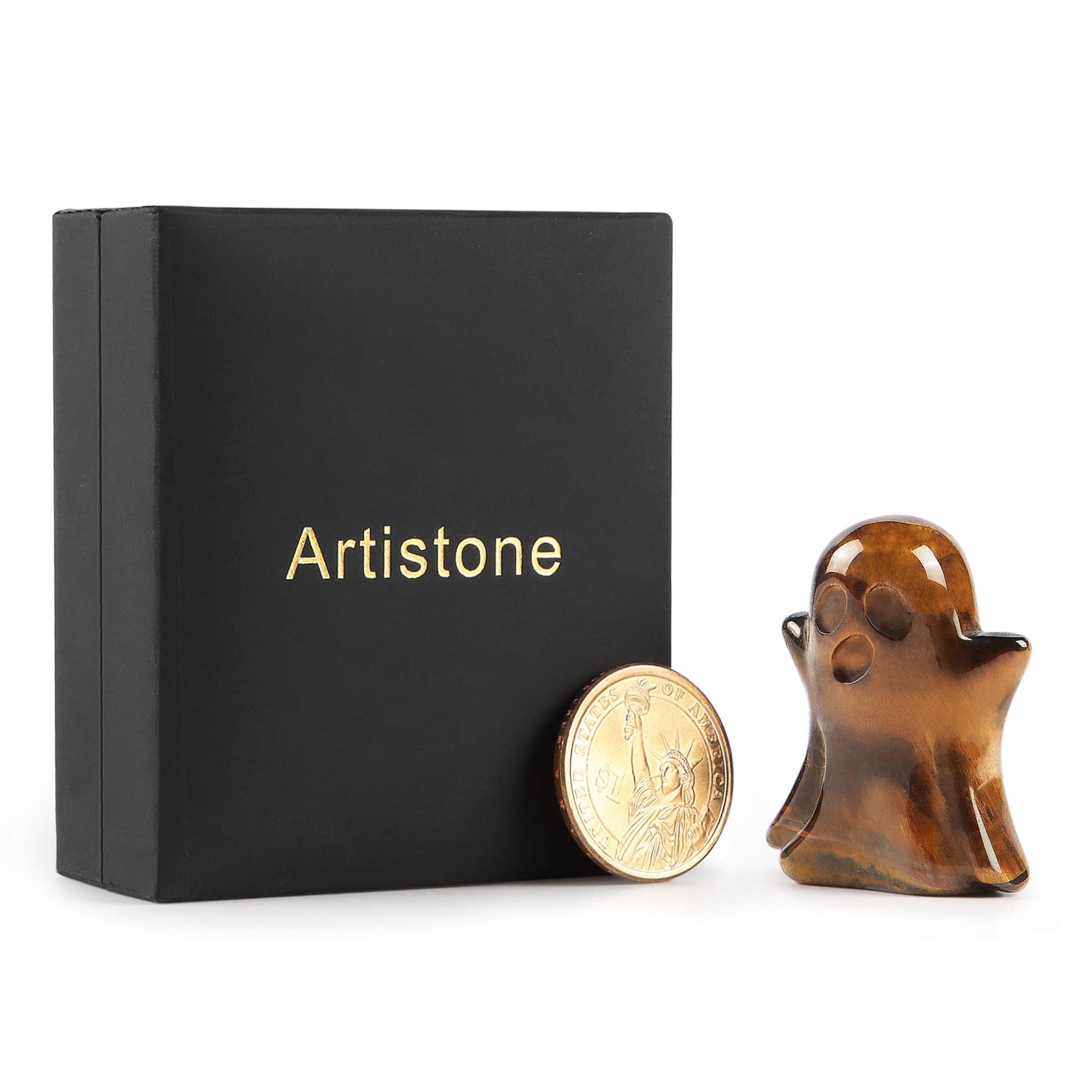Artistone Tigers Eye Crystal Ghost Statue 2 inch Ghost Figurine Natural Gemstone Hand Carved Statue for Halloween Carnival Home Decor Desk Decoration