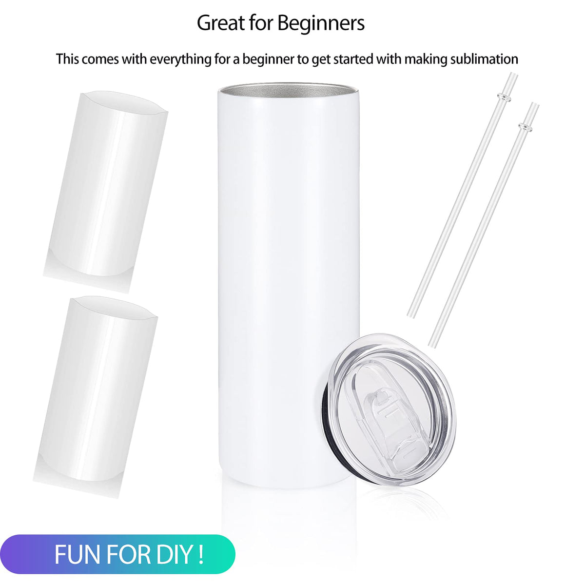 YOUKE OLA 24 Pack Sublimation Tumblers Straight Skinny Blanks 20oz for Heat Transfer, Individual Gift Boxed, Double Wall Insulated Tumbler with Shrink Wrap Films & Heat Tape & Straws, White