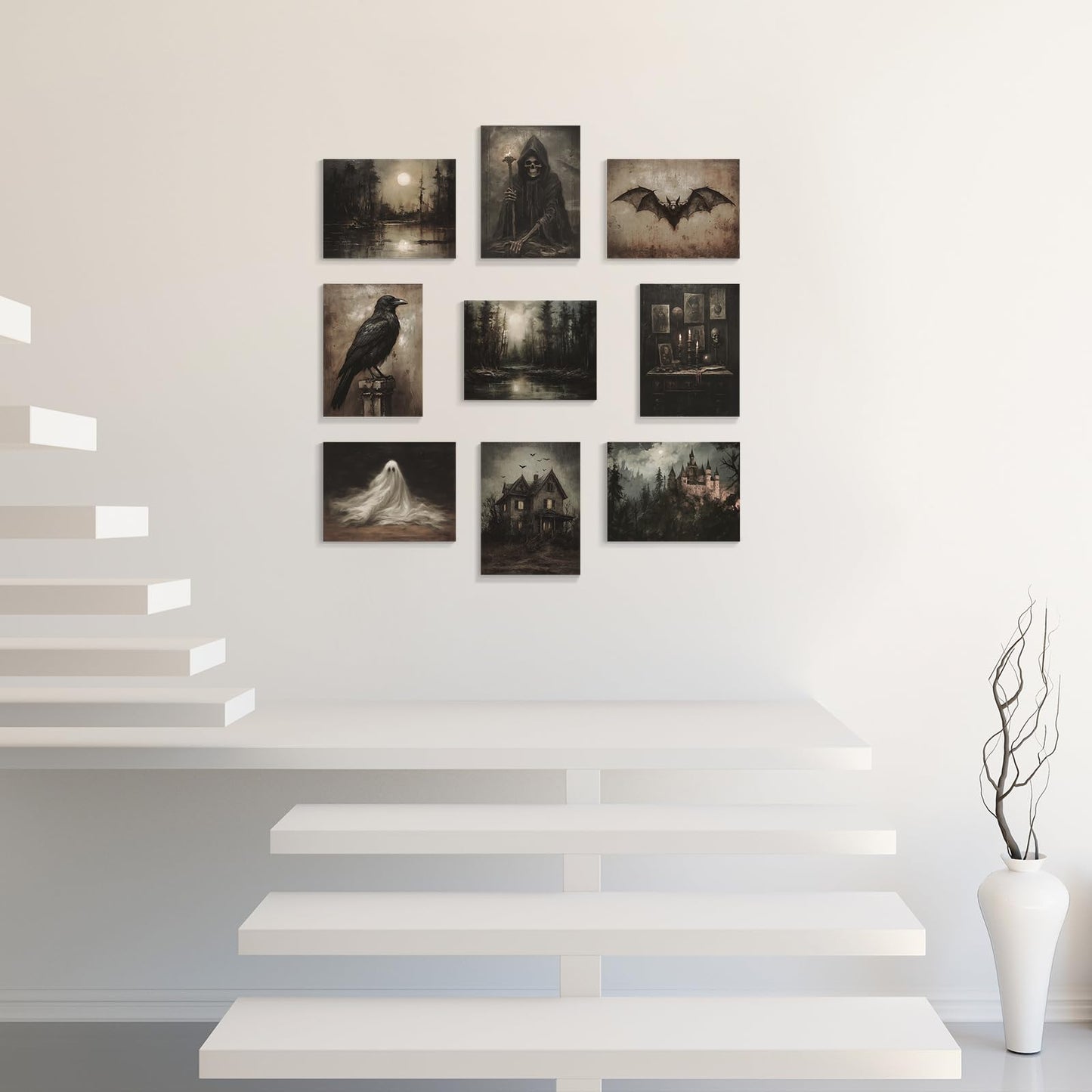 abrtolpffo Halloween Wall Art Halloween prints 9 Pieces 8x10in Dark Academia Wall Decor, Spooky Ghost Witch Raven Bat Haunted House Pictures, Dark and Moody Forest Landscape Art Gothic Decor