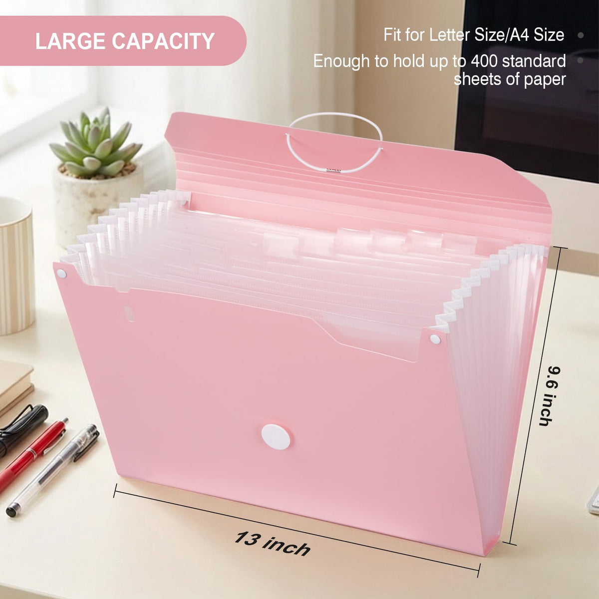 Comix Accordion File Organizer, 13 Pocket, Pink