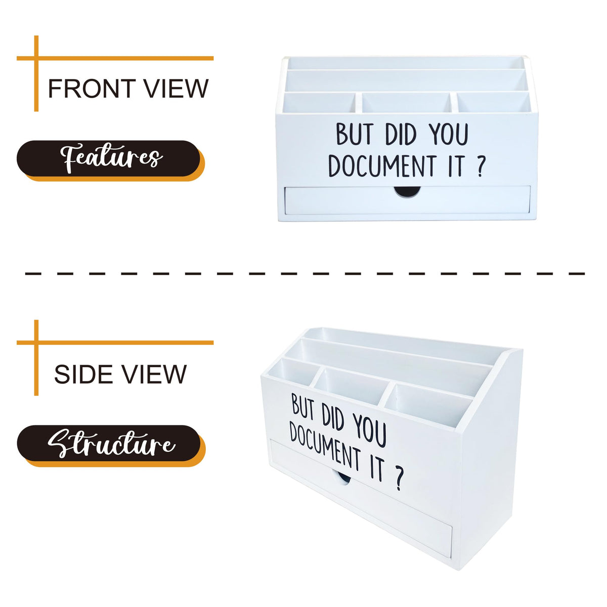 EXQUIDECA Wooden White Rustic Countertop Mail Storage Holder with Drawer and Compartments - Office Desk Accessories and Workspace Organizers - Desktop Sorter for Pen Stationery Letter Files Documents