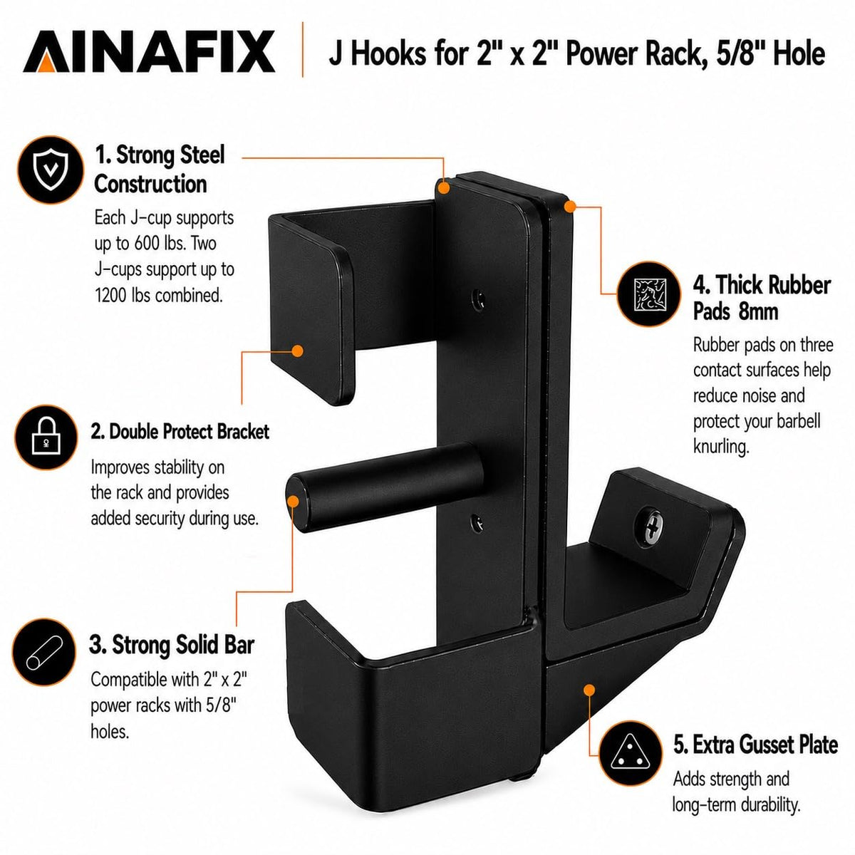 AINAFIX J Hooks for 2" x 2" Power Rack with 5/8" Hole, Rubber Pad J-Hook for Power Cage, Bottom Reinforced Steel J Cups for Squat Rack, Heavy Duty Barbell Holder, Black
