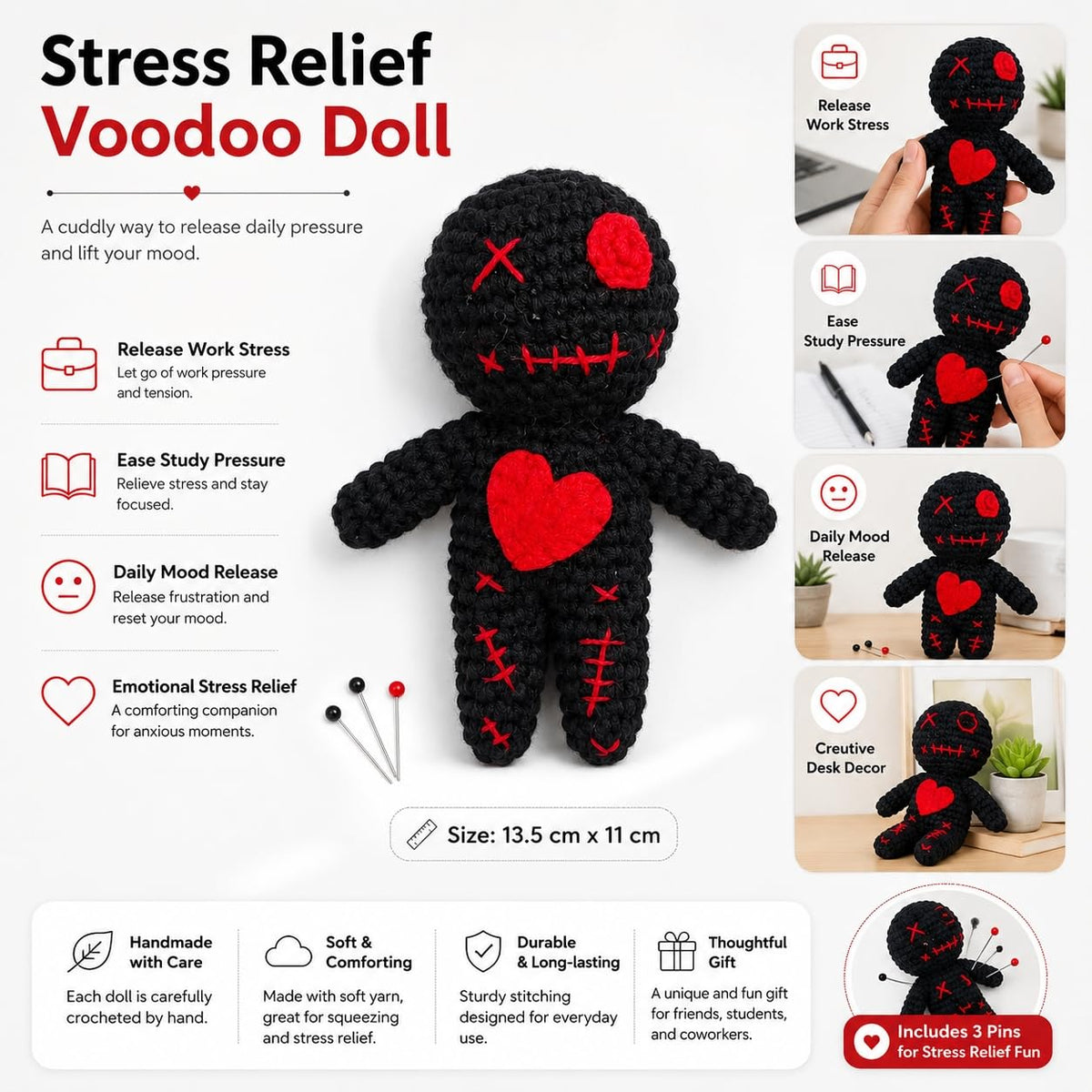 Creepy Voodoo Doll Funny Crochet Ghost Ornaments Stress Relief Fidget Toy Spooky Gothic Decor Handmade Knitted Emotional Support Plush for Halloween Christmas Prank Gag Gift (Black)