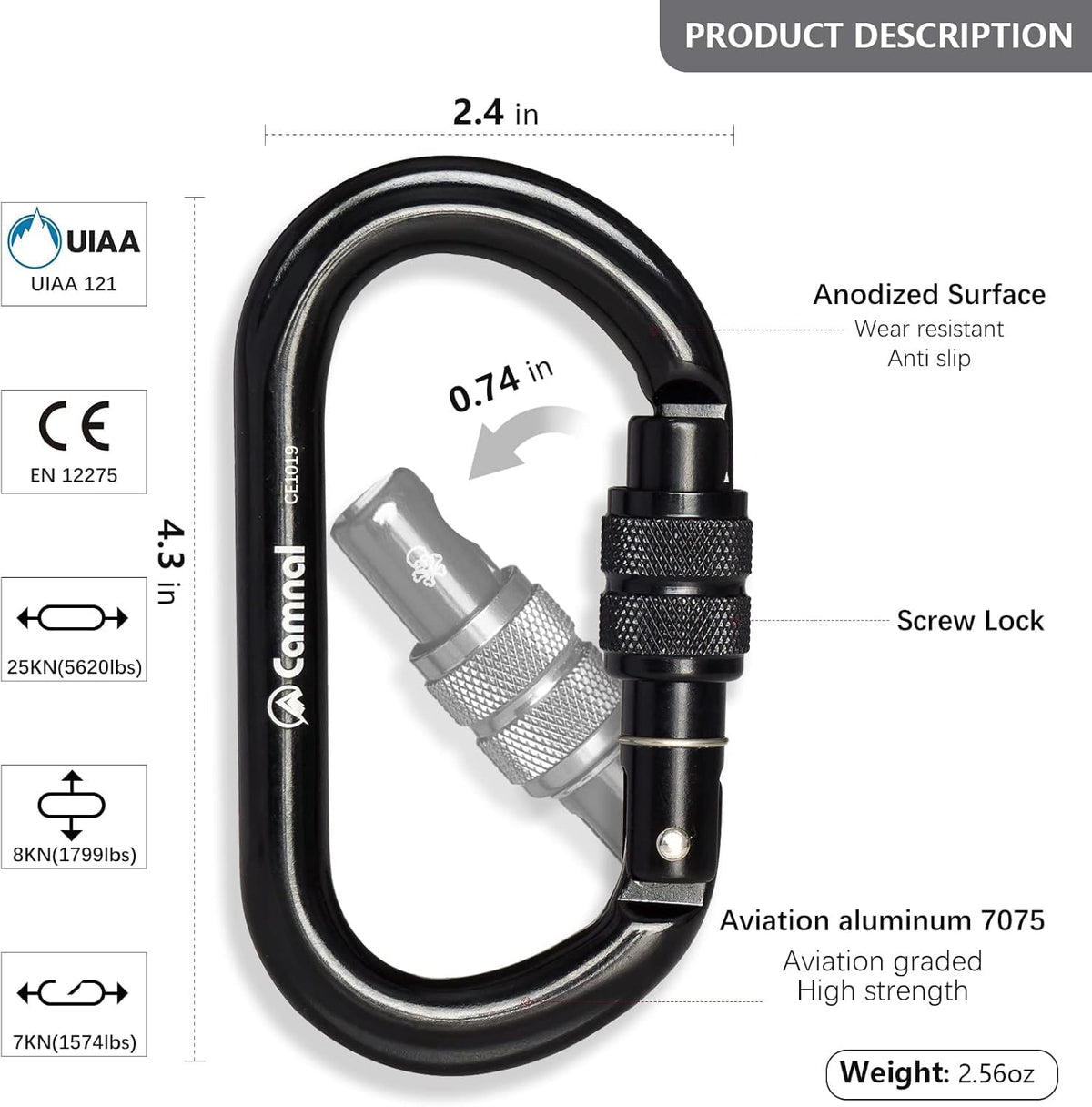 CAMNAL Screwgate Locking Climbing Carabiner Clips, Heavy Duty Carabiners UIAA Certified 25KN, Rock Climbing Carabiner Screw Lock for Rock Climbing, Mountaineer, Hammock, Rappelling, Outdoor Equipment