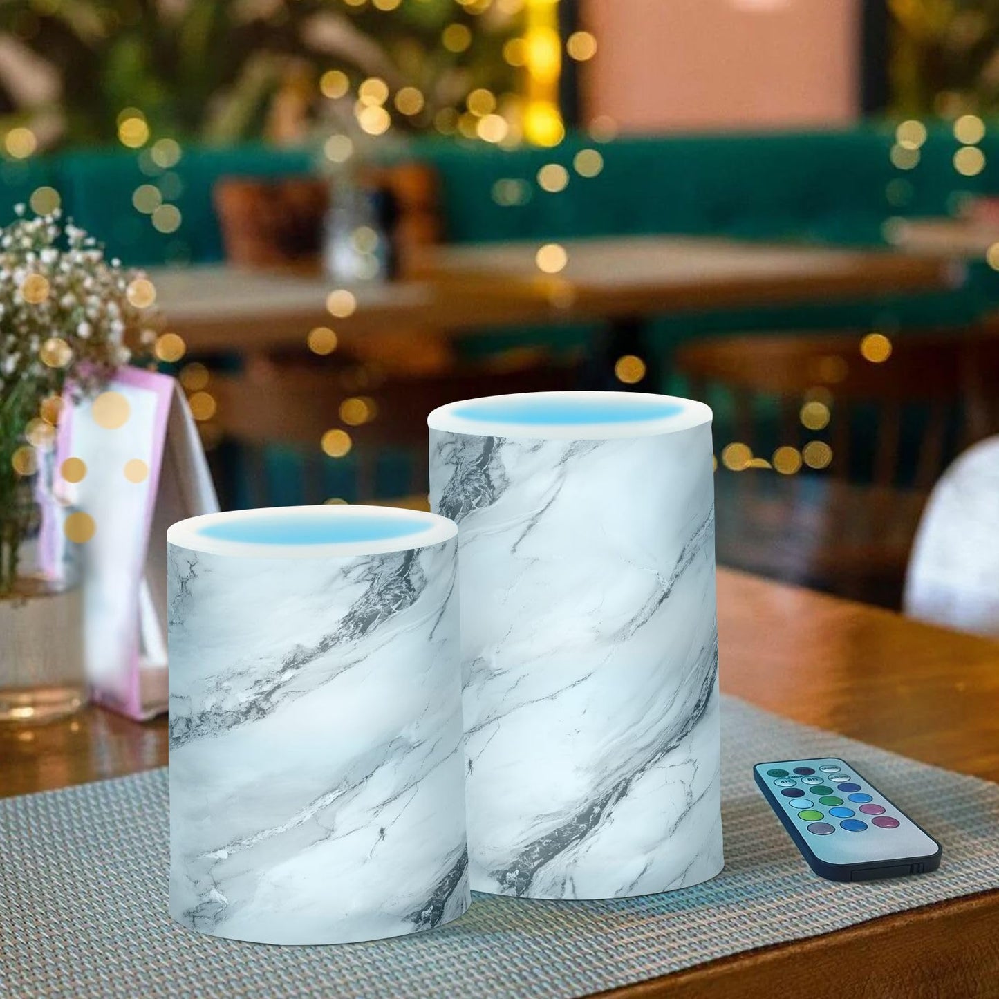 panksolu Flickering Flameless Candles, Black White Marble LED Candles with Remote Timer, Battery Operated Candle for Valentine Wedding Halloween Christmas Decor - Set of 2