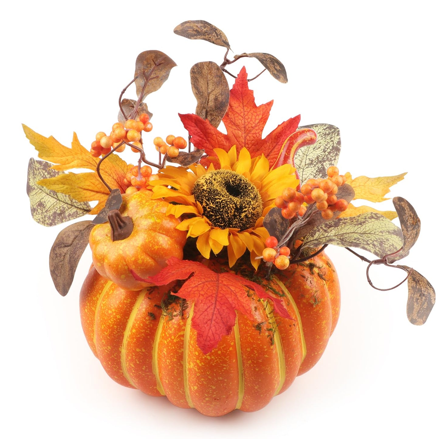 12 Inch Artificial Pumpkins Large Fake Pumpkin Decor Plastic Pumpkins Decorative with Sunflower Maple Leaf Berries Faux Pumpkin for Decorating Fall Harvest Thanksgiving Tables Centerpieces Decor