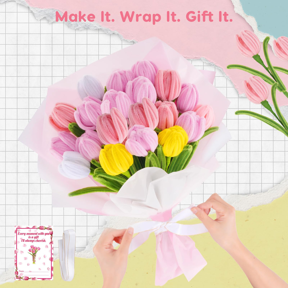 600PCS Pipe Cleaners Craft, Pipe Cleaner Bulk Flower Kit, 6 Colors Chenille Stems Flower Making Kit with Floral Wires, Gardening Tape, Stamen, Floral Wrapping Paper & Ribbon for Art and Craft Supplies