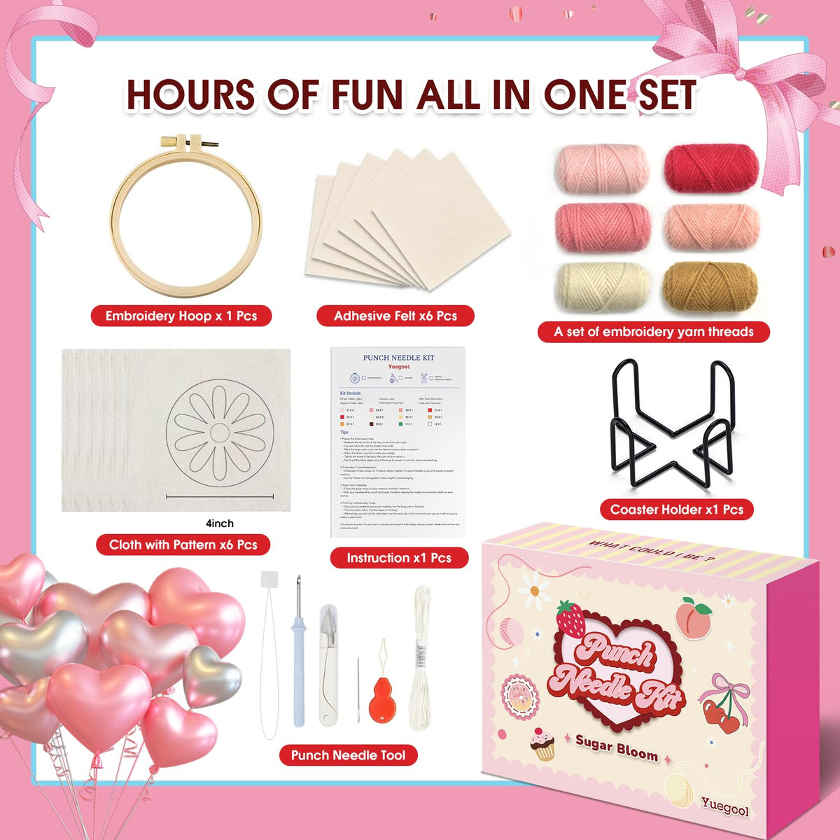yuegool 6PCS Punch Needle Coaster Kit, Easy DIY Embroidery Set for Beginners & Adults with Patterns, Tools, Yarns, Hoop, Instructions & Coaster Holder