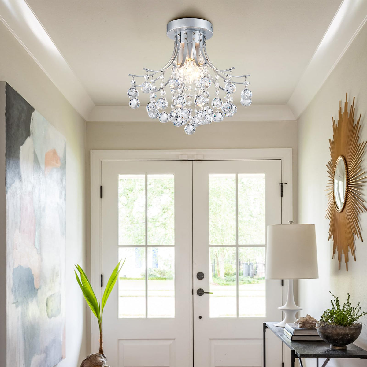 Bestier Modern Silver Crystal Semi-Flush Mount Chandelier, 13.5in D x 11.6in H, Requires 3 E12 Bulbs, for Dining Room/Bathroom/