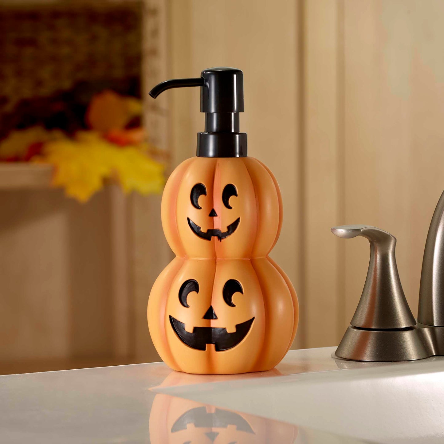 Avanti Linens – Soap Dispenser, Decorative Lotion Pump for Bathroom or Kitchen Countertop, Hand Painted Resin Halloween Decor (Stacked Pumpkins)