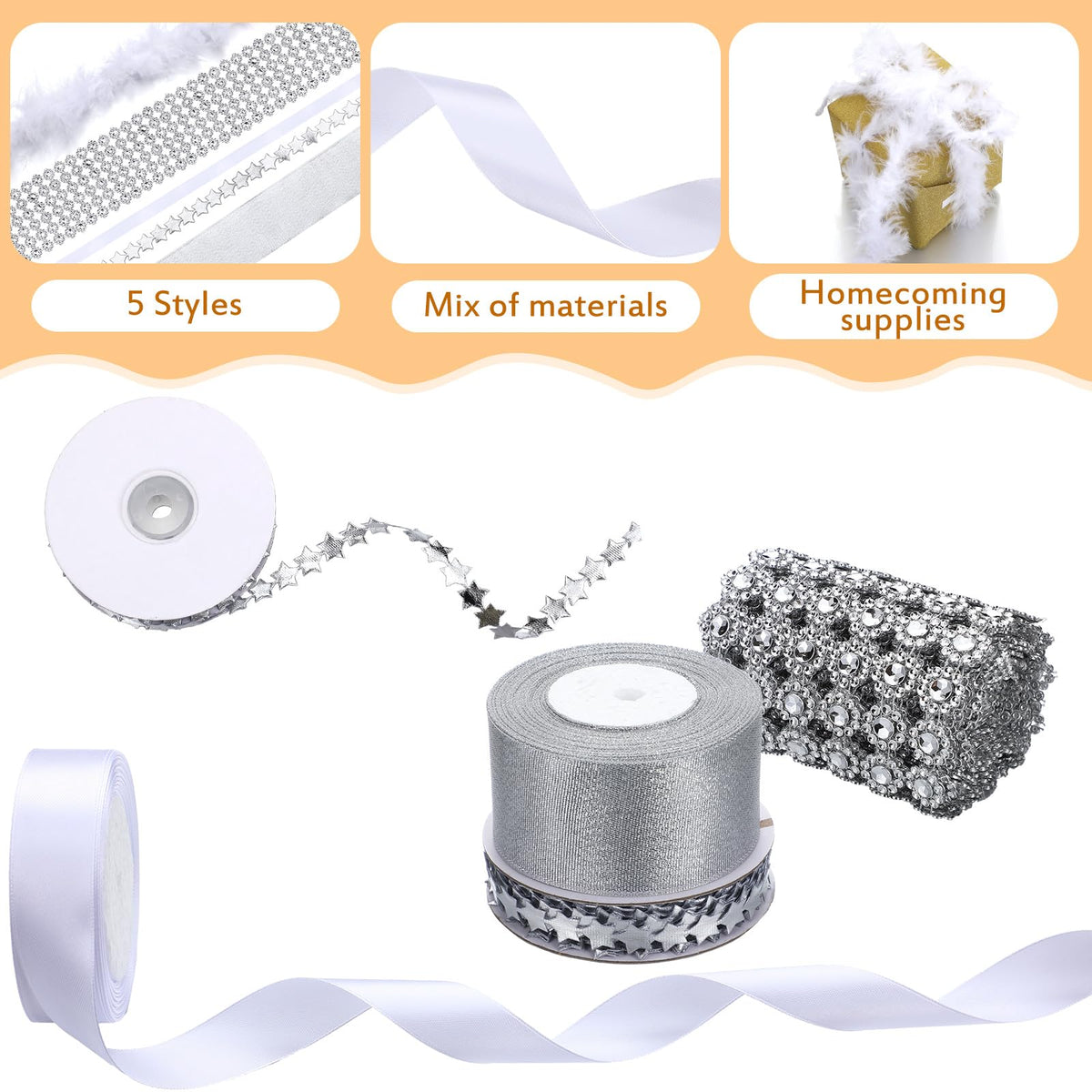 Giegxin 5 Rolls 54 Yard Homecoming Mum Ribbon Including Crystal Rhinestone Ribbon Polyester Star Trim Marabou Feather Boa White Satin Silver Organza for DIY Chrysanthemum Party Supplies