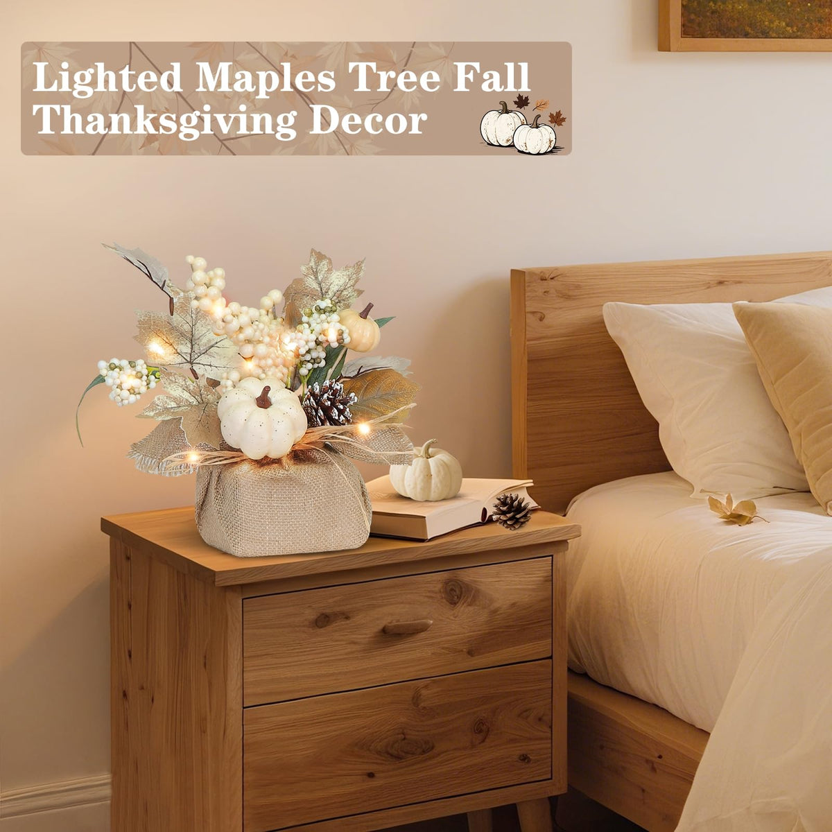 2 Styles & Timer Fall Decor- 2 Pack 11 Inch Tabletop Maple Tree Fall Decorations for Home, Lighted Fall Trees with 20 LEDs Battery Powered Leafed Pumpkin Cones Berry Autumn Thanksgiving Decorations