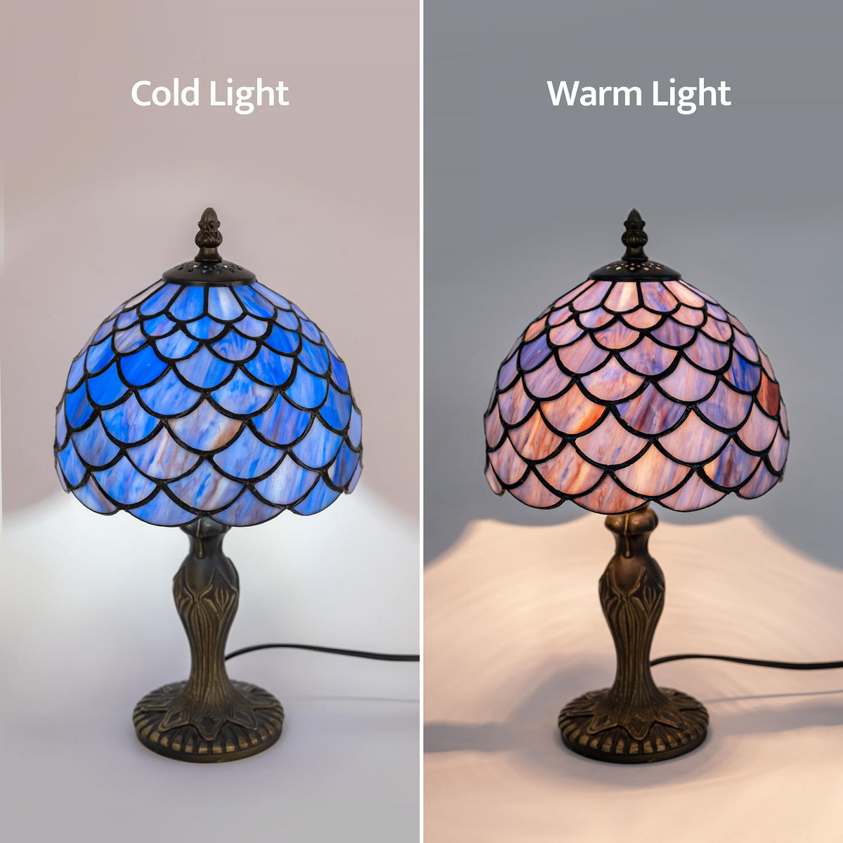 GILGGAK Small Tiffany Stained Glass Table Lamp Wisteria Style Lampshade Nightstand Light for Bedroom Dorm Living Hallway Coffee Table Office Housewarming Gift 8X8X15 (Blue Purple Fish Scales)