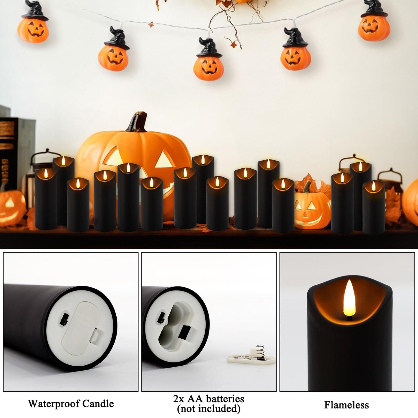 YOROXRG 24 Pack Halloween Decoration Flickering Flameless Candles, Battery Operated LED Pillar Candles with Remote Control and Timer.for Home Decor (D2.2 xH 5" 6" 7" Black)