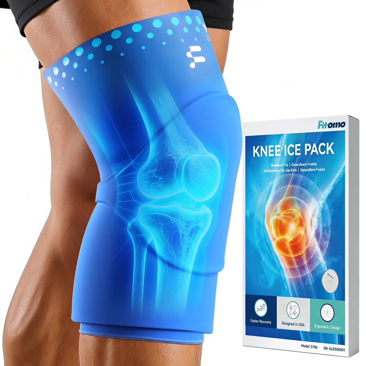 Fitomo Knee Ice Pack Wrap Sleeve Thickened Core for Knee Pain, Targeted Swelling Relief During Recovery, Soft Flexible Gel, No Slip Compression Fit, Reusable Hot Cold Therapy for Post Activity, L