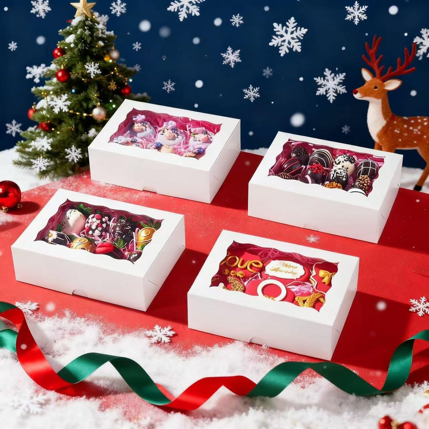RomanticBaking 8x5x2 Inch 51PCS Bakery Boxes with Window for Cookies, Chocolate Covered Strawberries,Cakesickle, Chocolate Truffle Boxes Pretzel Box & Party Favors Packing