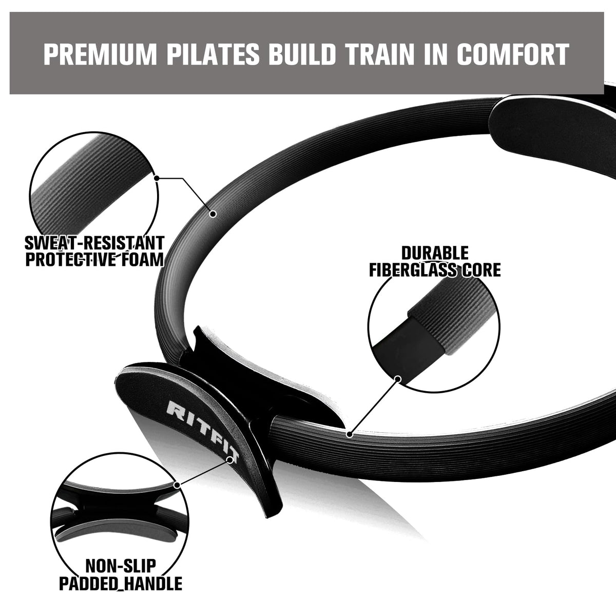 RitFit Pilates Kit - 14 Inch Pilates Ring Magic Circle with Pilates Ball, Resistance Bands & Yoga Strap, Pilates Equipment for Home Workout Toning Thighs, Arms and Core (Black)