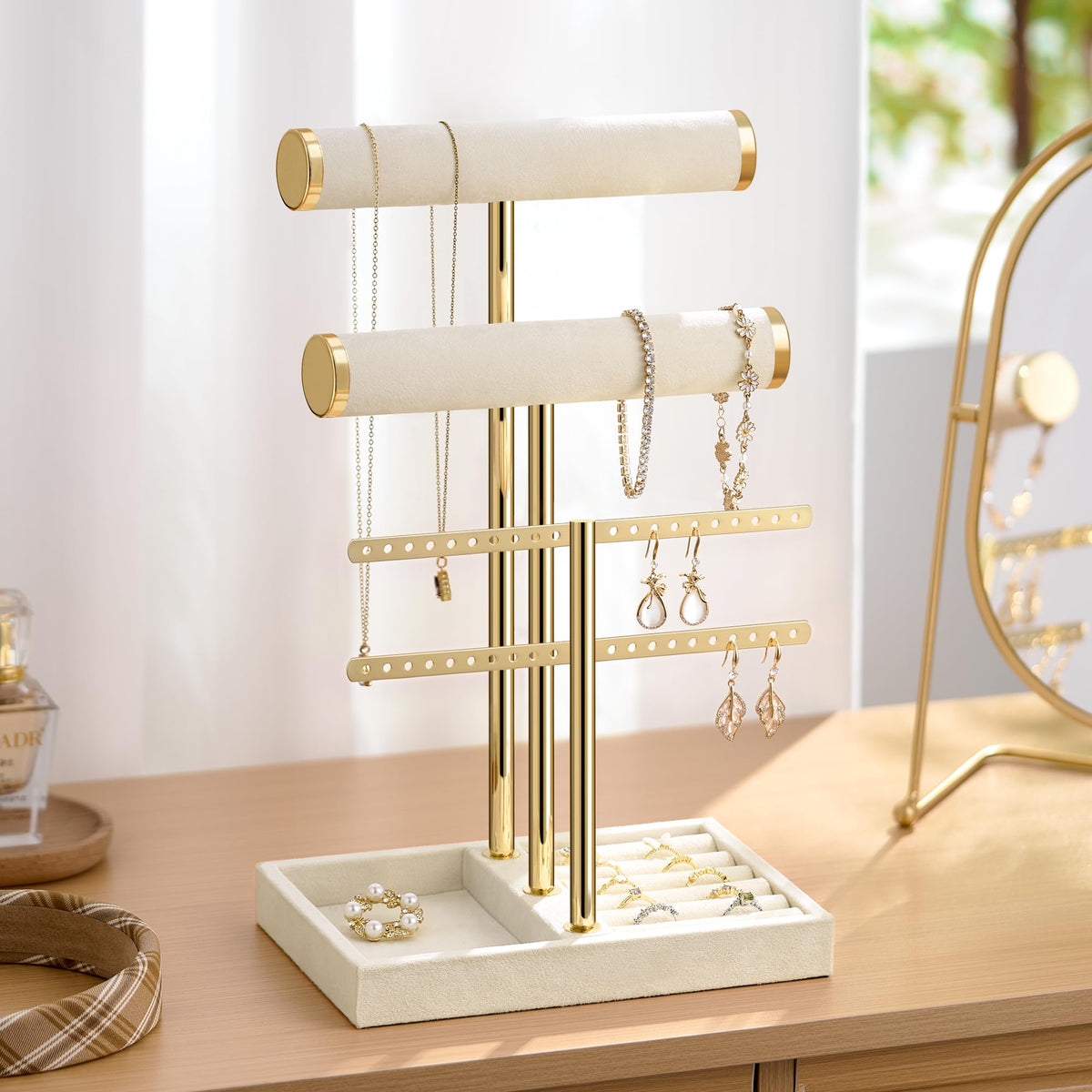 Josmimic Bracelet Holder Jewelry Organizer Display - 3 Tier T Bar Velvet Stand, Beige Jewelry Storage for Bracelet, Necklaces, Earrings, Rings, Watches