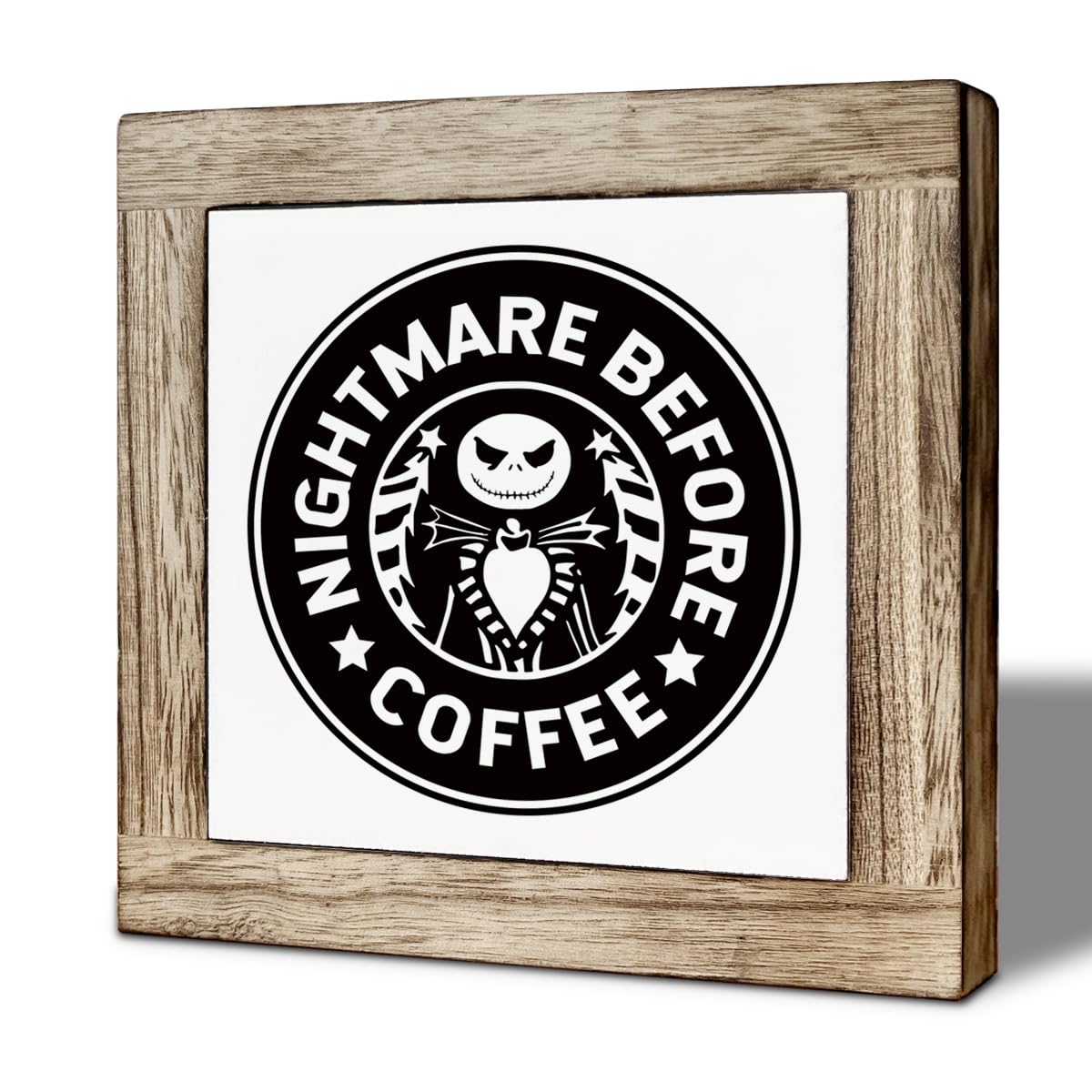 Nightmare Before Coffee Sign, Funny Cafe Decorative, Coffee Tiered Tray Halloween Sign, Spooky Gothic Neutral Black Skull Decor, Cafe Tabletop Decoration 5.9X5.9 Inches