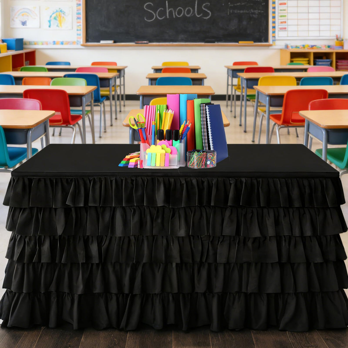 Pufogu Black Tulle Table Skirt 9ft Tutu Ruffled Chiffon Tablecloth For Rectangle Wedding Baby Shower Girls Birthday Party and Cake Dessert Table Decorations(Black, L9(ft), H30in)