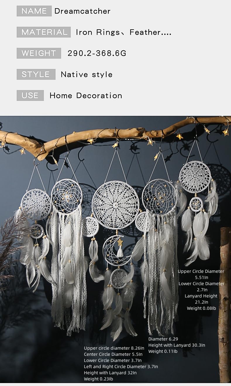 Boho Dream Catcher Wall Hanging Set of 5 Large Moon Dream Catchers with Luxurious Feathers and Beads, Handcrafted Wall Decoration for Bedrooms, Nurseries and Living Rooms (Gray)