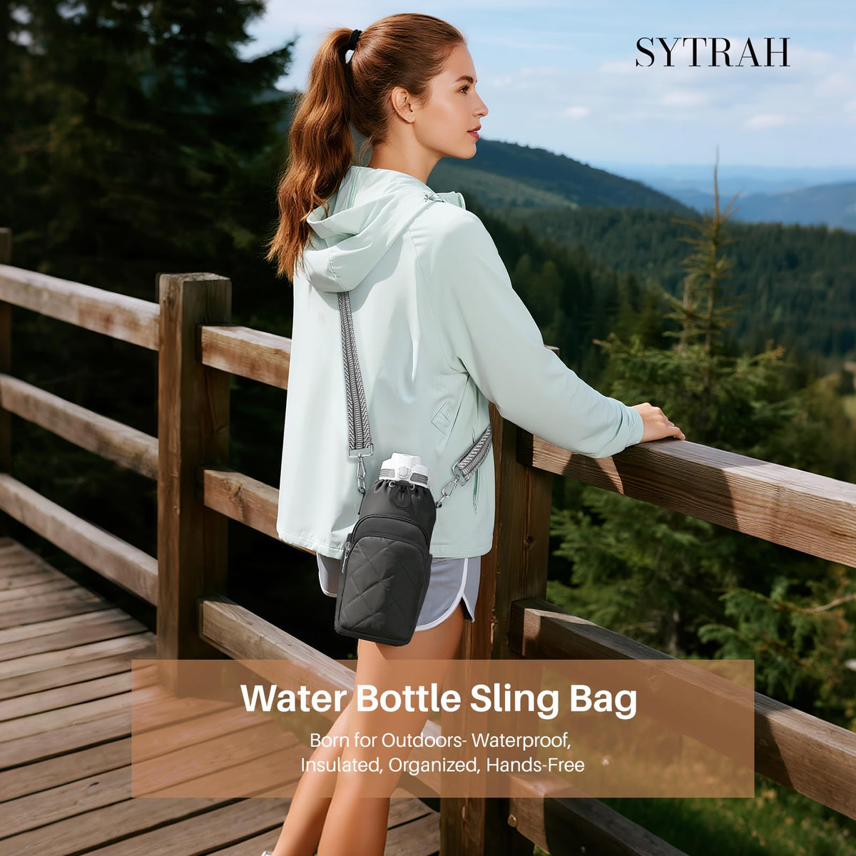 SYTRAH Water Bottle Bag Crossbody，Insulated Water Bottle Purse Crossbody Water Bottle Holder with Strap 40 oz, Sling Bag for Walking Hiking, Black