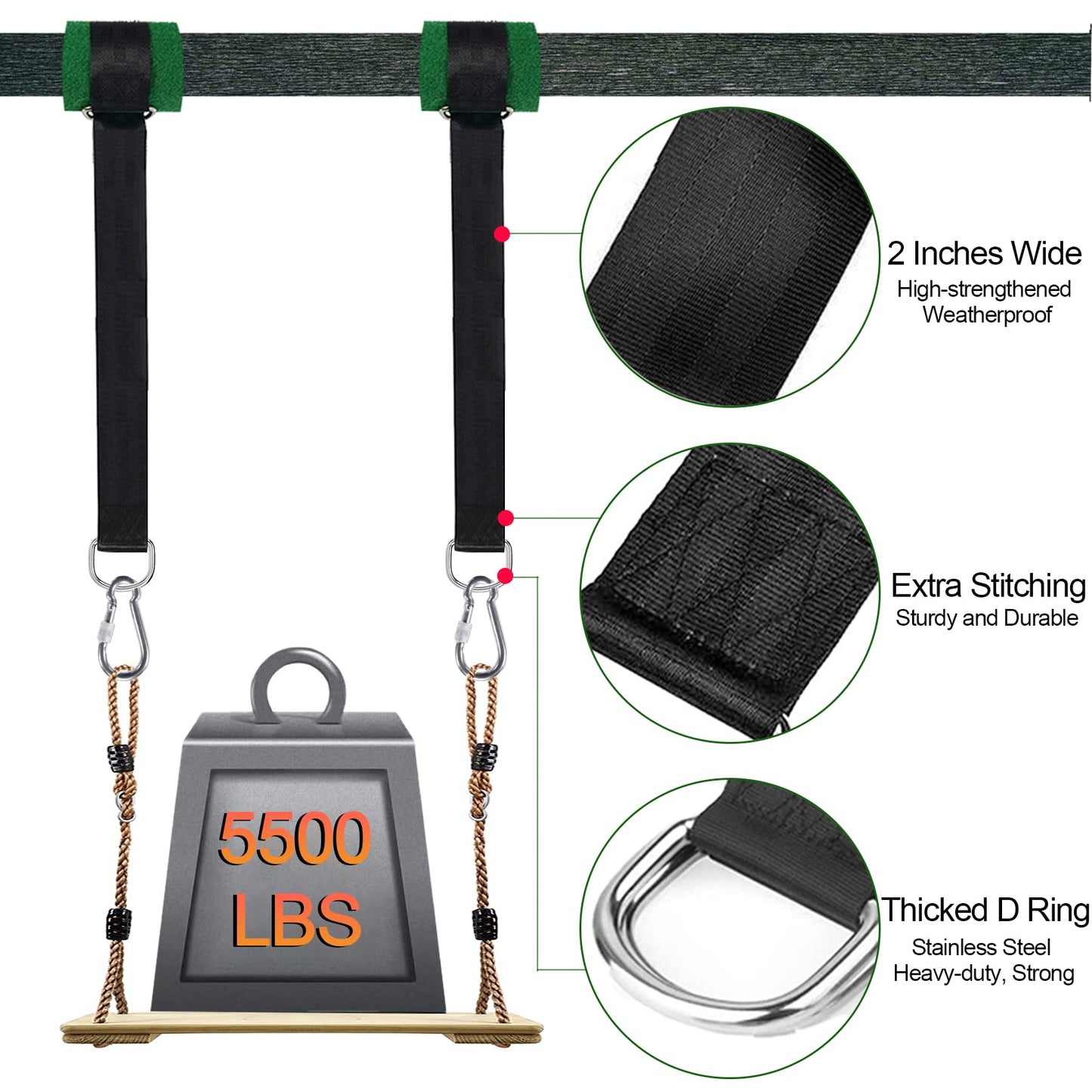 Werflyto Safe Tree Swing Hanging Straps Kit, 3FT/10FT/15FT/20FT, Heavy Duty Holds 5500LBS Extra Long Adjustable Tree Swing Straps, Easy & Fast Way to Hang Any Swing or Hammock(10 FT)