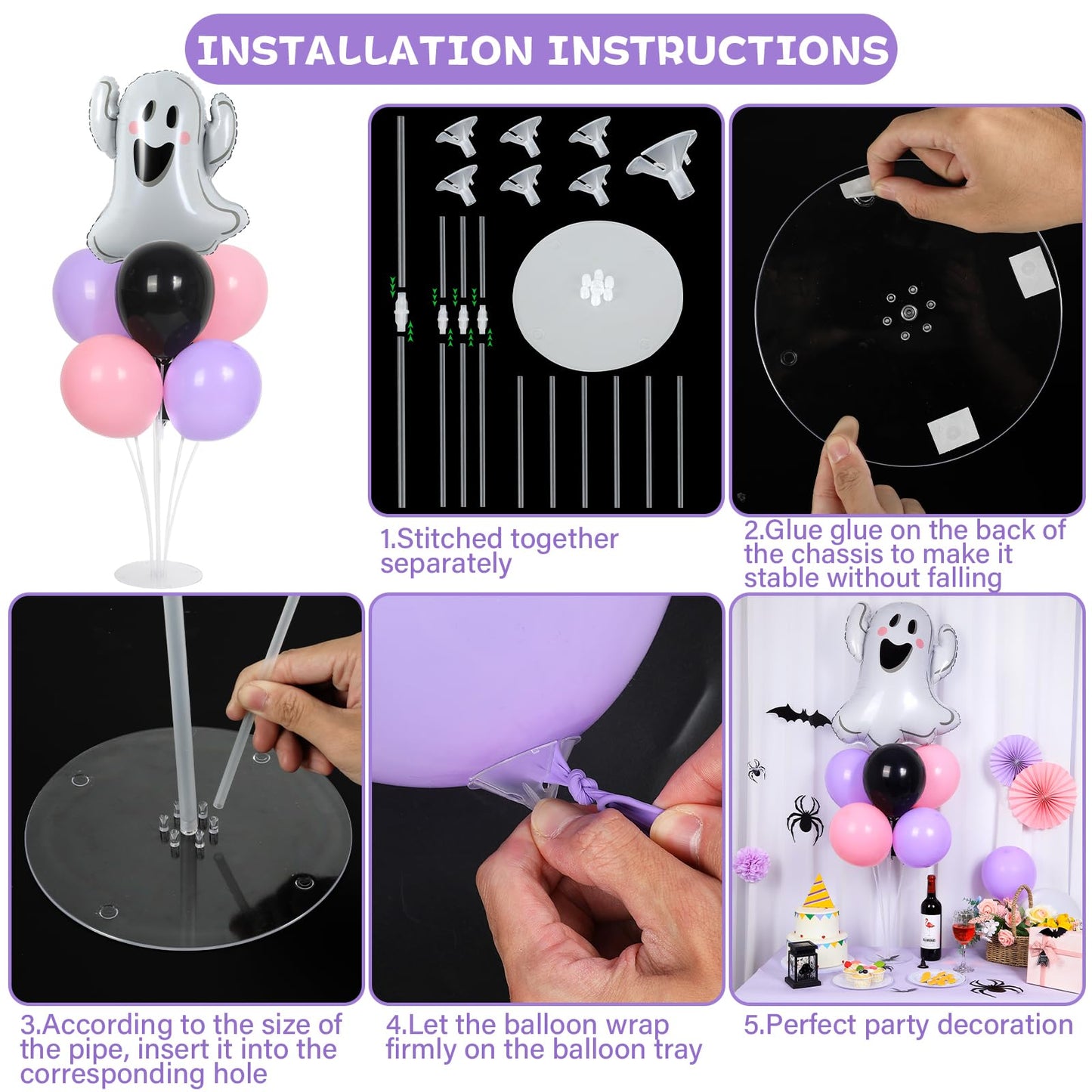 Halloween Ghost Party Balloons Stand Kit 2 Sets with 2 White Ghost Foil Balloons Pink Black and Purple Balloon Centerpiece for Tables for Baby Shower Horror Birthday Party Decorations