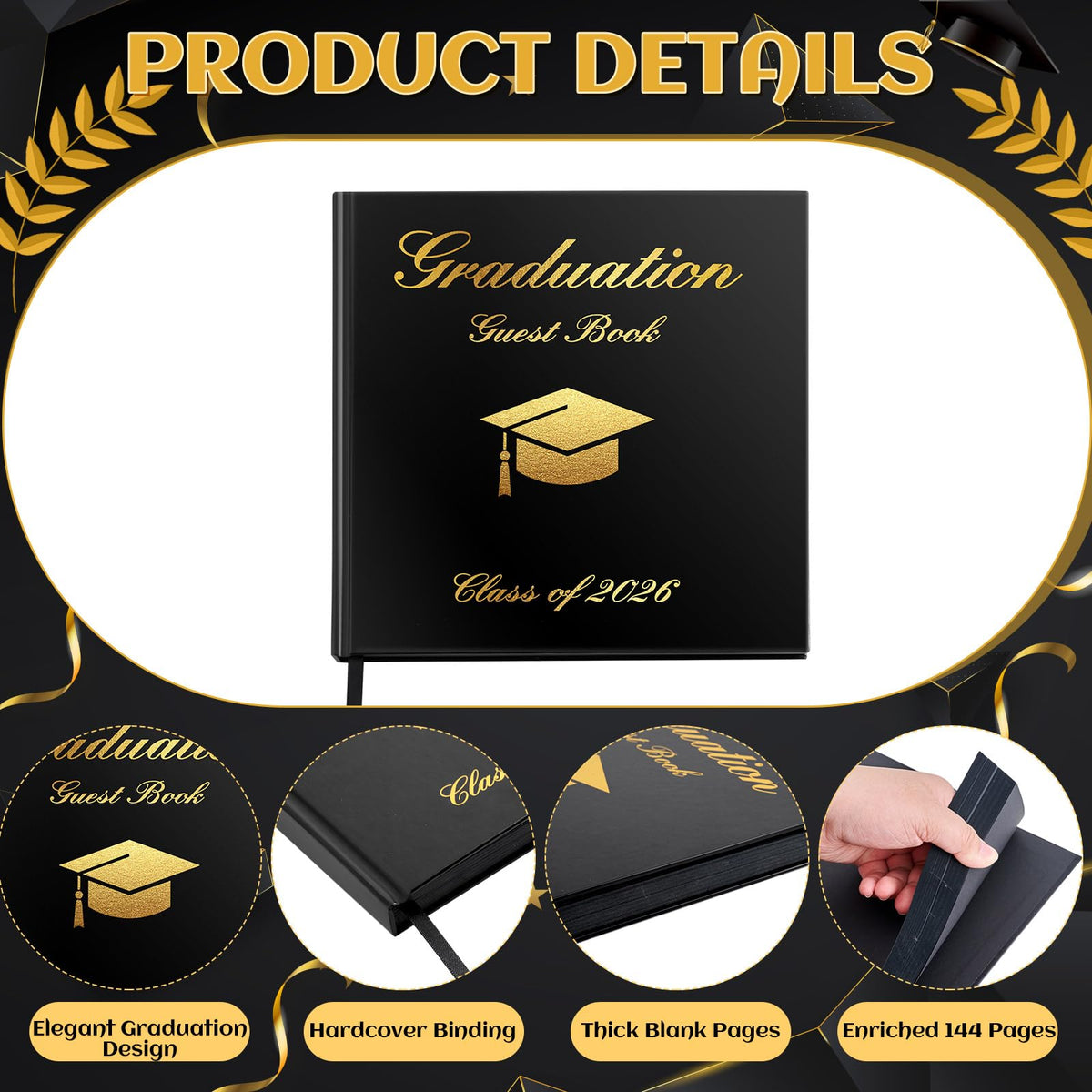 LawnIdyll 2026 Graduation Guest Book with Photo Sign Metallic Pens Stickers 144 Pages Class of 2026 Scrapbook Album Gift Memory Book for High School College Graduation Party Supplies (Black)