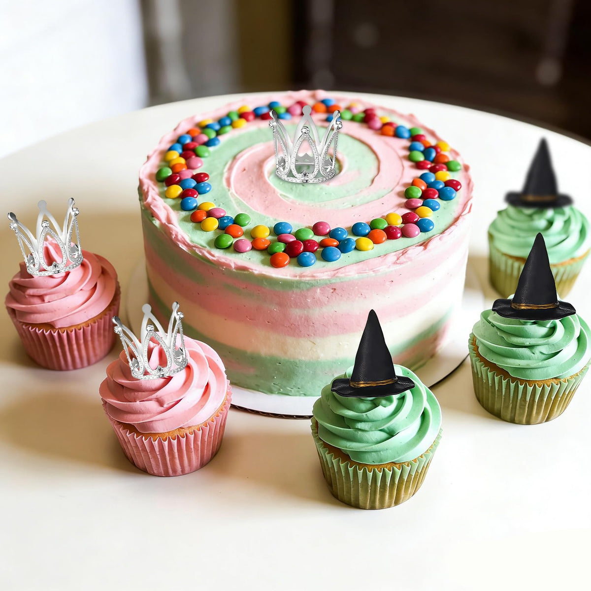 shuielai 24 Pcs Witch Hat & Crown Cake Topper, Mini Wizard Hats Silver Crown Cupcake Toppers, Wicked Witch Birthday Party Decorations & Princess Cake Accessories for Party Supplies & DIY Crafts