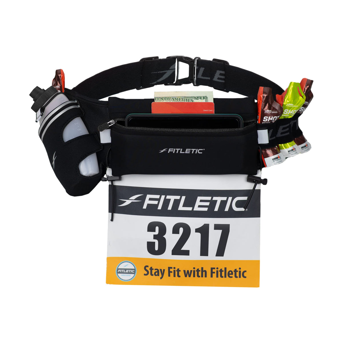 Fitletic Hydration Running Belt With 12oz Quick Flow Water Bottle For Men & Women –Race Belt, Gel Holders & Bib Toggles Patented Bounce Free Design, Water Resistant- Fits All Phones – Fully Loaded