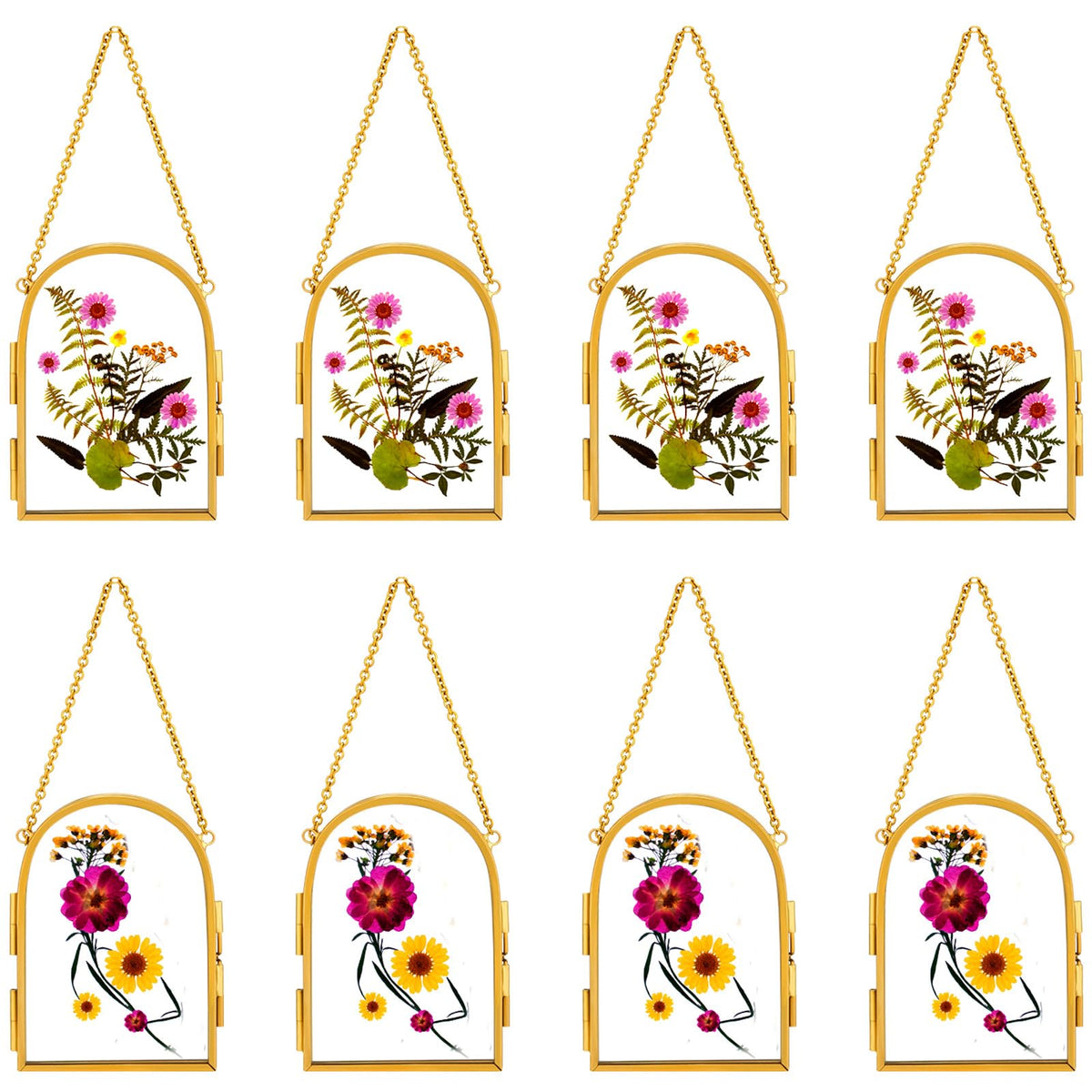 Qunclay 8 Pcs Glass Frame for Pressed Flowers 3.5 x 2.5 Inch Brass Hanging Photo Frame with Chain Arched Double Floating Picture Frames for Artwork Display DIY Dried Plant Specimen(Gold)