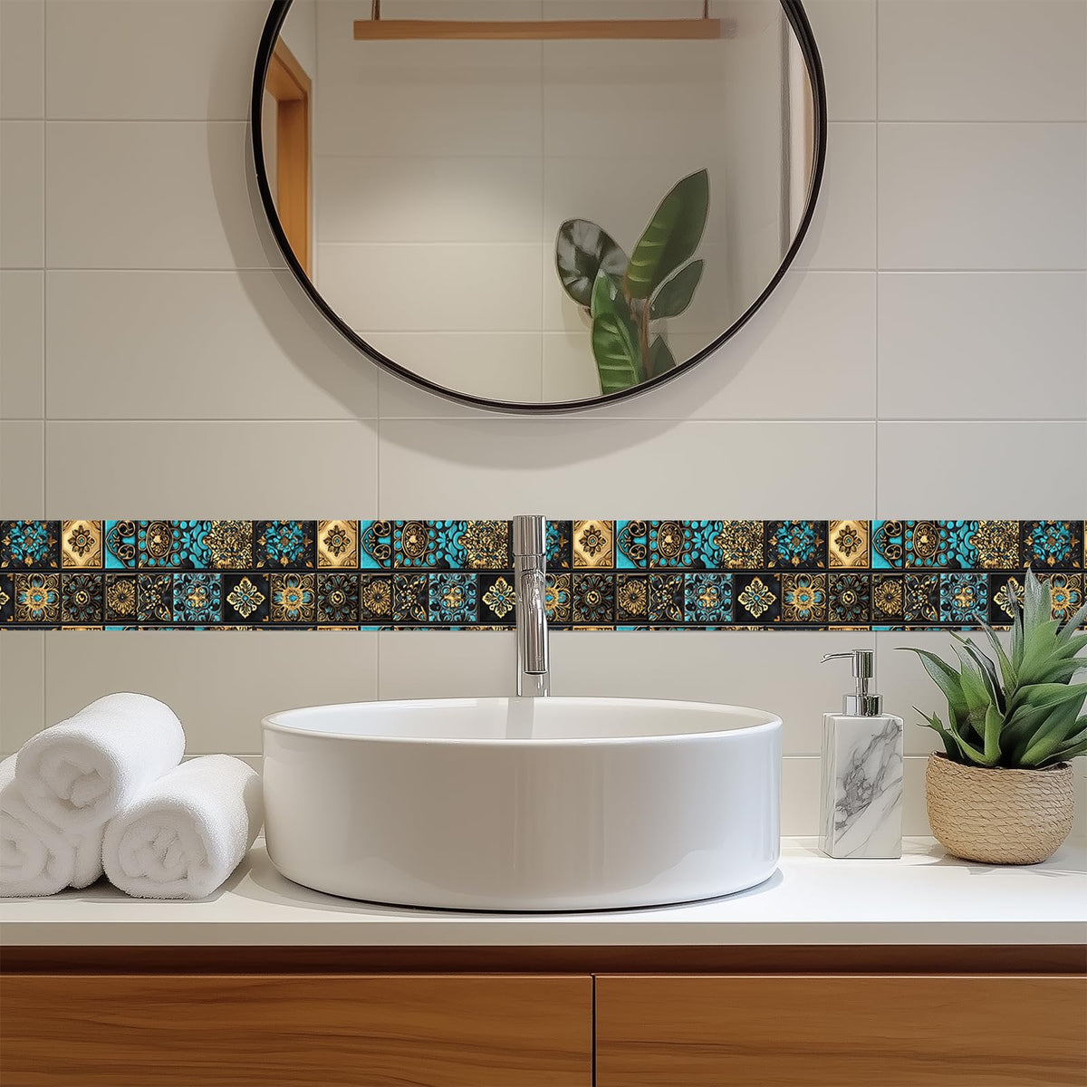 HOMETITUTE Wallpaper Border Peel and Stick Retro Mosaic Tile Wall Trim Paper Wall Decor Self Adhesive Border for Walls Mirror Frame Accent Strip for Bathroom Kitchen Living Room 4x196 Inch