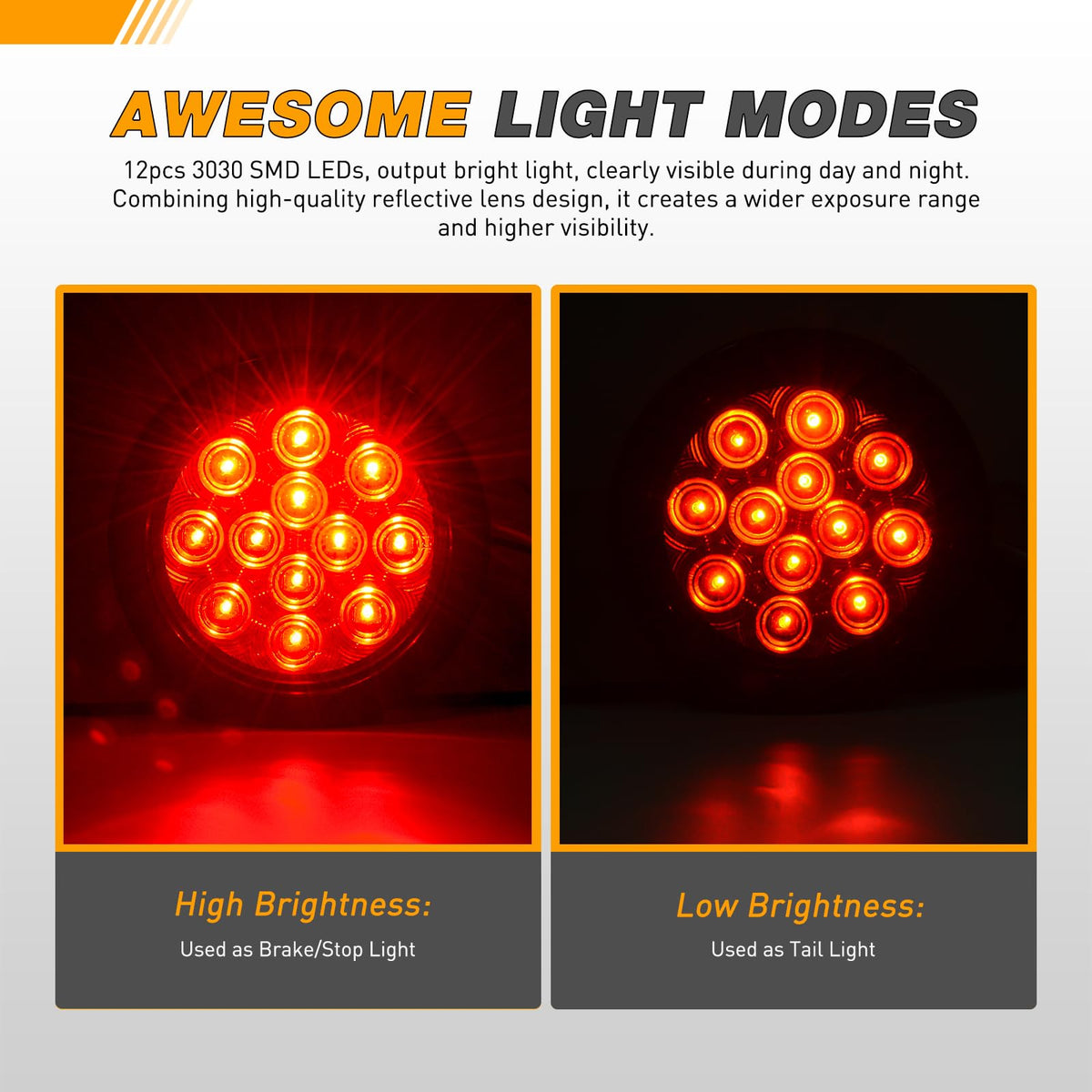 GOOACC Trailer Tail Light 12LED Red Stop Brake Turn Signals 4Inch 2PCS IP67 Waterproof Model Tail-11