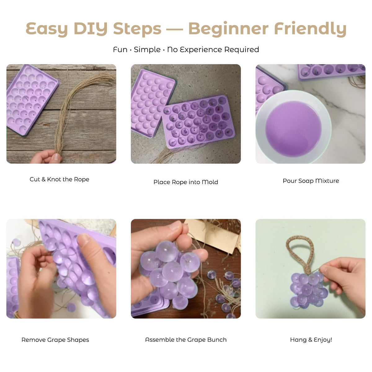 DIY Grape Soap Making Craft Kit for Beginners & Adults, Includes 2 Silicone Molds, 65 FT Jute Twine, 1 Tweezers, 1 Gift Box, Handmade Home Decor Ready for Gifting (Without Soap)