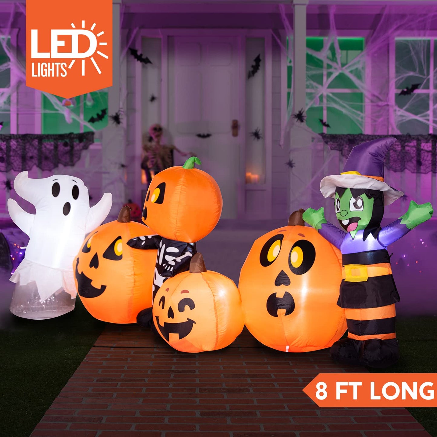 Joiedomi 8 ft Long Halloween Inflatable Three Characters and Pumpkin Patch Outdoor Decoration, Blow Up Inflatables Witch Ghost Skeleton Yard Decorations with LEDs for Party Yard Lawn Garden Decor