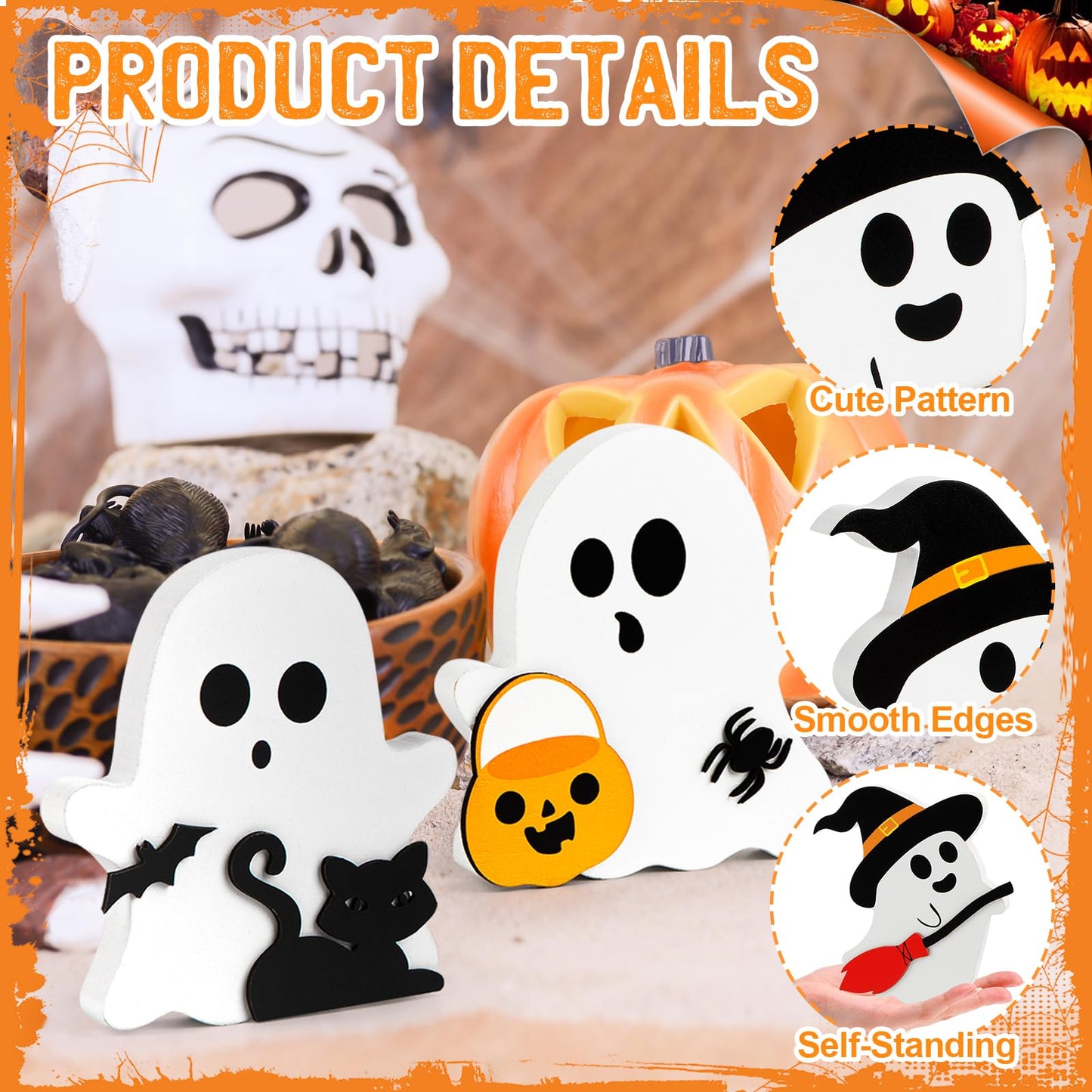 COCHIE Cute Ghost Halloween Decorations Indoor, Wooden Tiered Tray Decor Table Sign Set of 3, Black Cat Bat Witch Broom Signs Pumpkin Blocks for Party Home Shelf Display (A-Ghost)