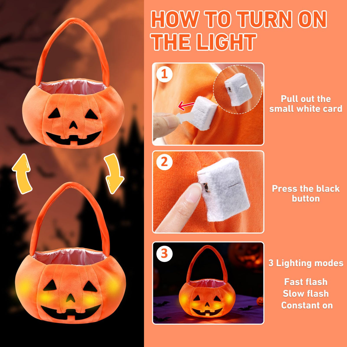 PinkSheep Halloween Trick or Treat Bucket: Light up Candy Bags for Trick or Treating Party (Pumpkin Orange)