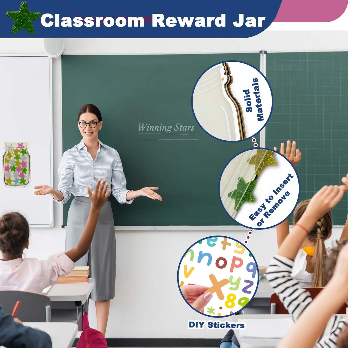 Orbixa Magnetic Star Reward Jar for Kids & Students – Glitter Magnetic Reward System for Classroom & Home, Personalized Behavior Chart with Sparkling Stars, Alphabet Stickers & Velvet Bag (Glitter)