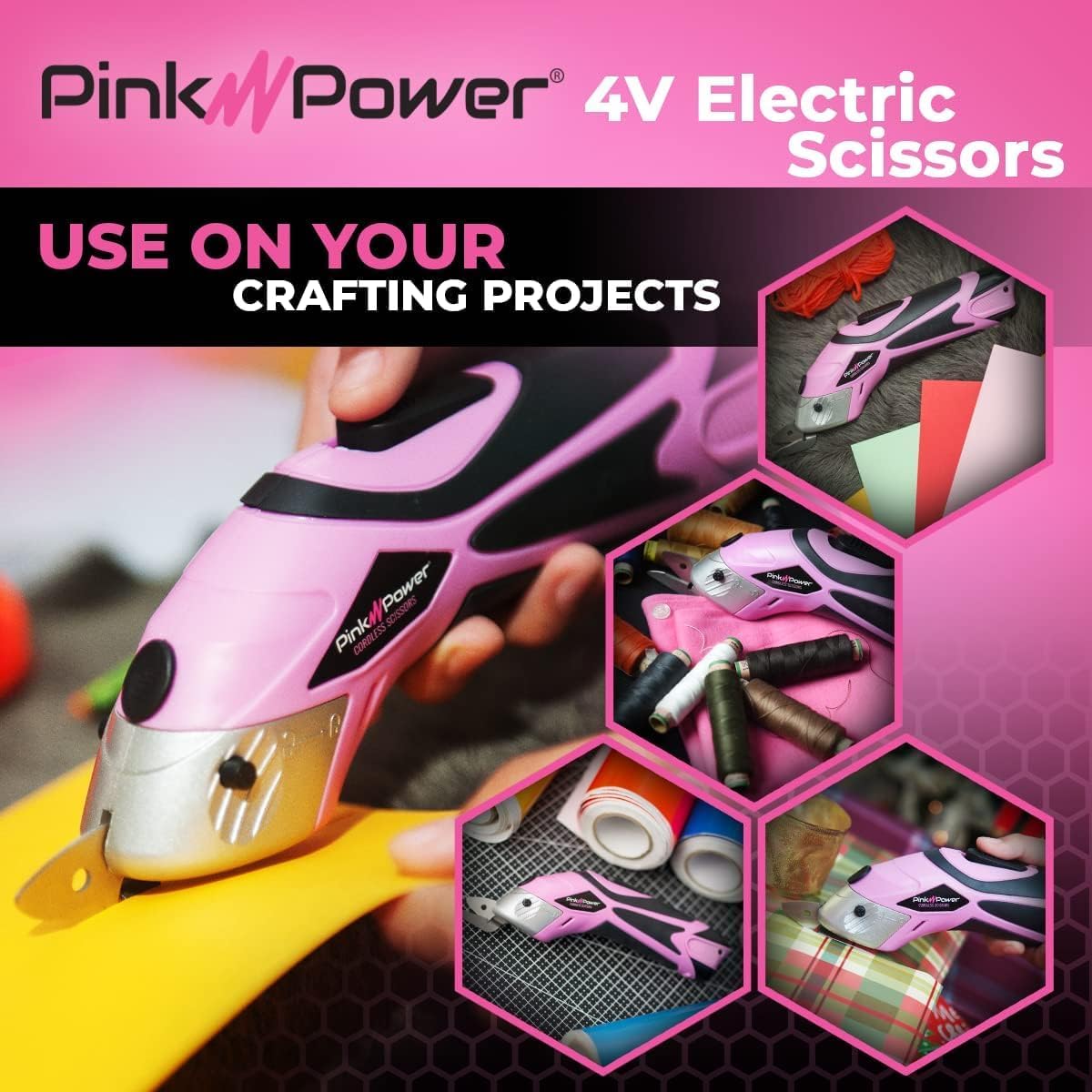 Pink Power Cordless Electric Scissors Fabric Cutter for Crafts, Box, Sewing, Carpet, & Scrapbooking - Heavy Duty Professional Rotary Shears Cutting Tool - Automatic Cardboard Cutter Fabric Scissor