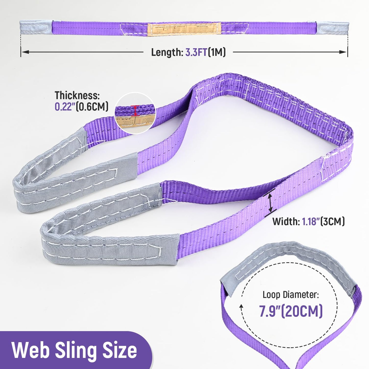 2-PCS 5:1 Safety Factor 1" X3.3' Lifting Slings 2204 lbs Webbing Sling 2 ply Polyester Lifting Strap with Twisted Eye & Eye for Industrial Shop Use, Hoist, Tree Stumps, Heavy Duty Cargo, Purple