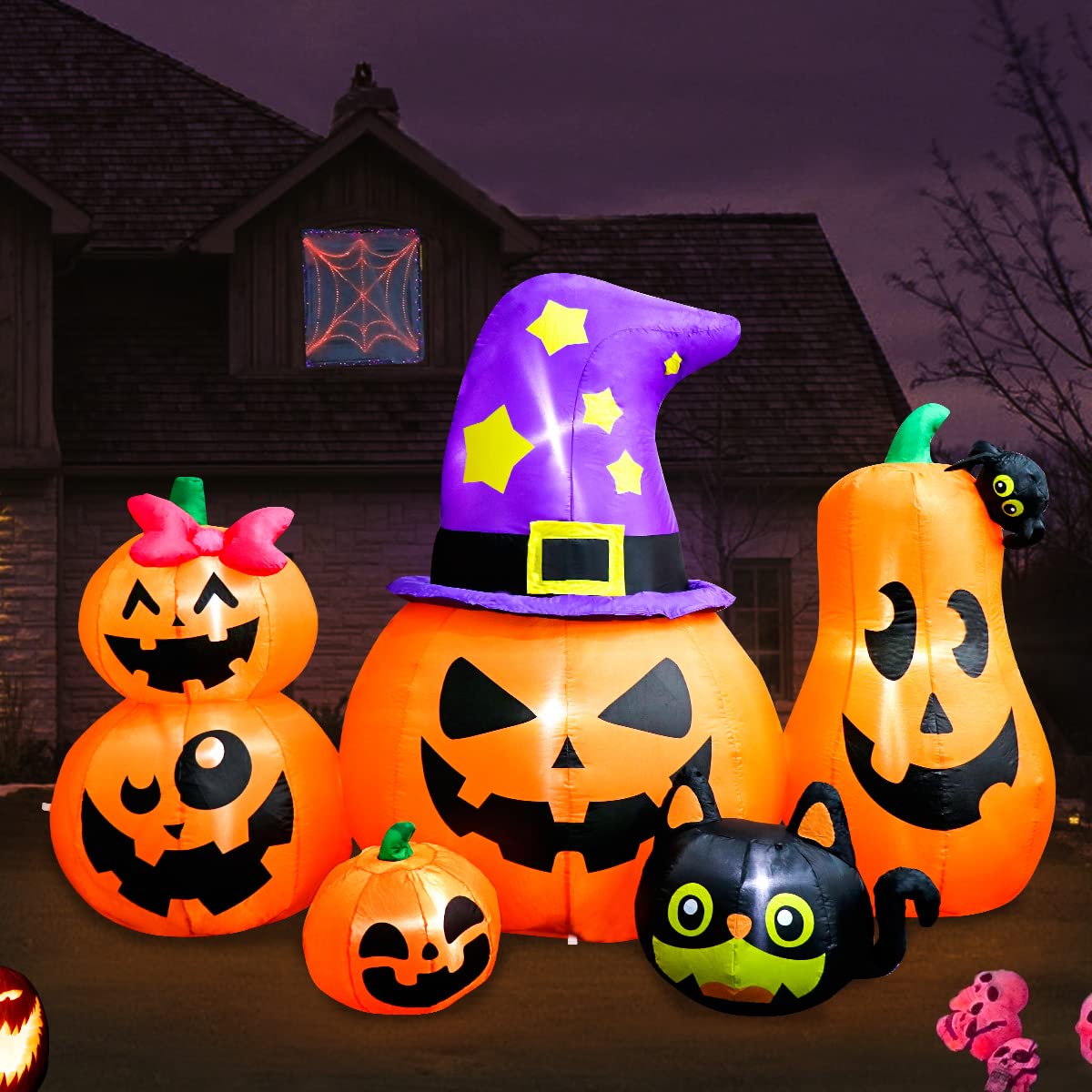 Meland 8FT Halloween Inflatable Pumpkins - Inflatable Halloween Pumpkin Lantern Family with Wizard Hat & Black Cat, Blow Up Outdoor Decor with Built-in LED Light for Yard Garden Lawn