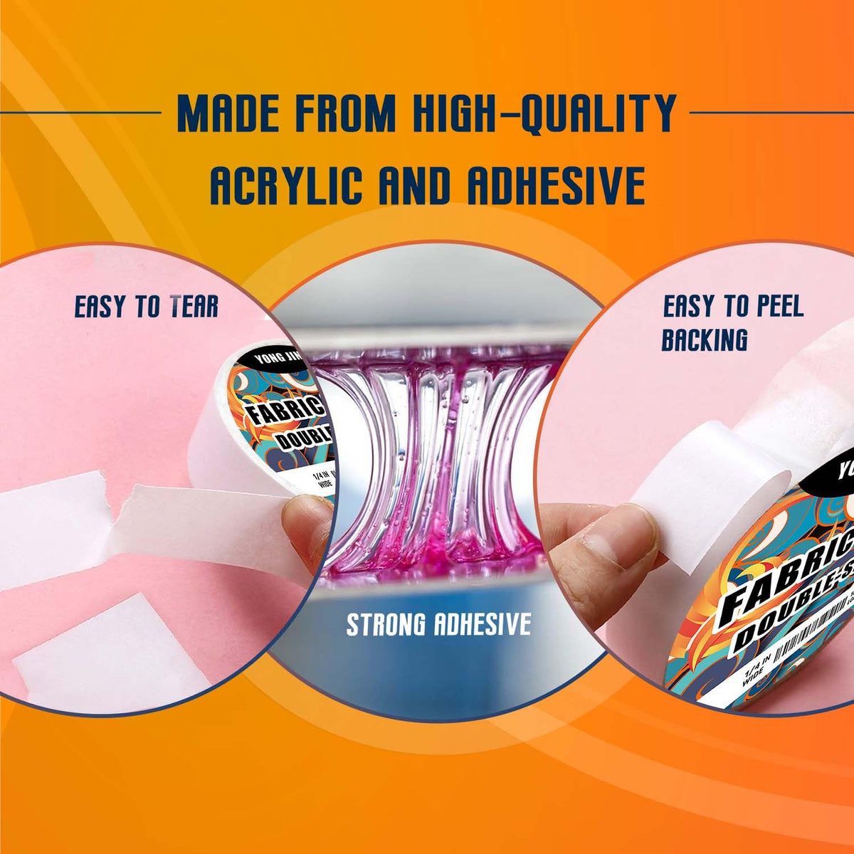 YONGJIN Double-Sided Fabric Tape (2 Rolls) - No Sewing or Ironing Required, Perfect for Quick Clothing Repairs, Fabric Bonding, Adhesive Cloth Tape for Hemming and DIY Crafts (3/5inch+1inch)